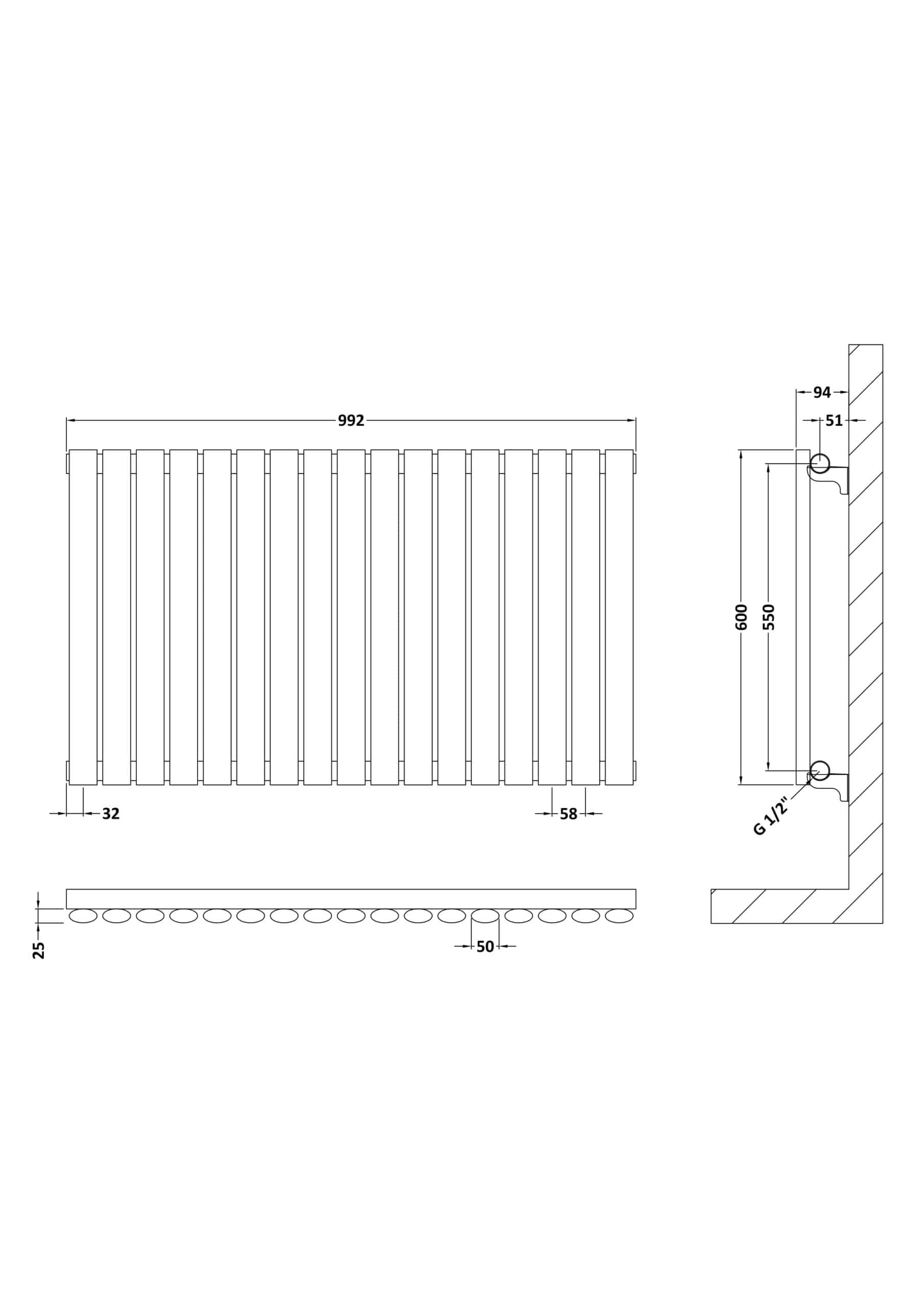Modern towel radiator design for bathrooms, featuring vertical slats and precise measurements for easy installation, ideal for adding style and warmth to Bubly Bathrooms.