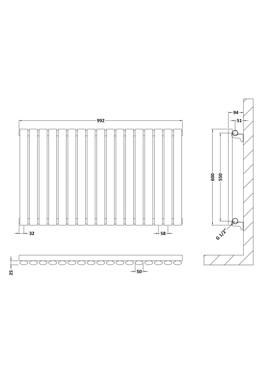 Modern towel radiator design for bathrooms, featuring vertical slats and precise measurements for easy installation, ideal for adding style and warmth to Bubly Bathrooms.