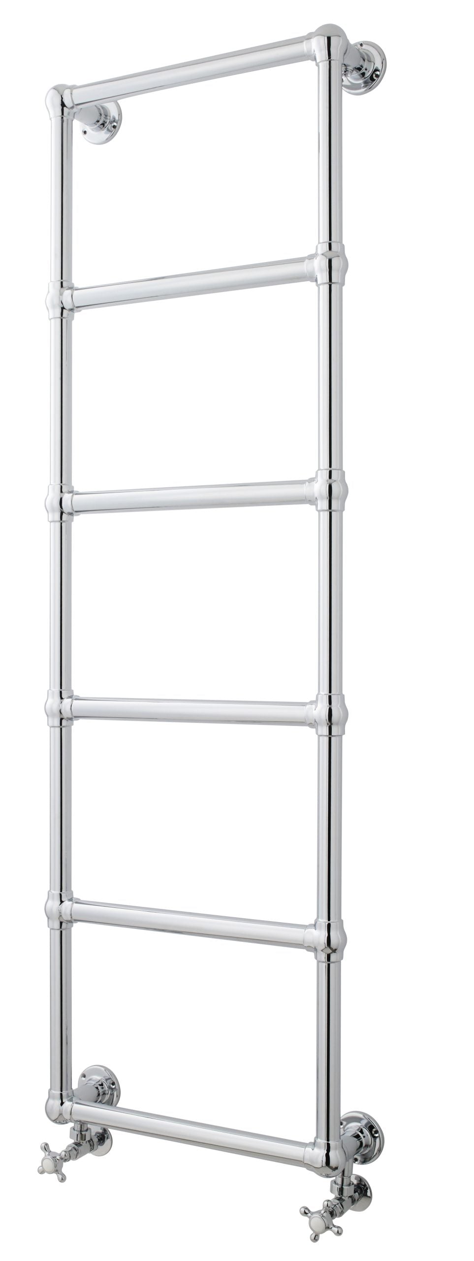 Chrome heated towel radiator with four horizontal bars and valve controls, perfect for bathroom warmth and towel drying, featuring sleek, modern design.
