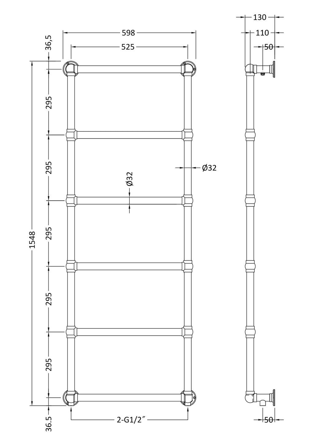 Polypropylene bathroom radiator with detailed technical drawing from Bubly Bathrooms, showcasing dimensions, pipe connections, and sturdy construction for modern bathroom heating solutions.