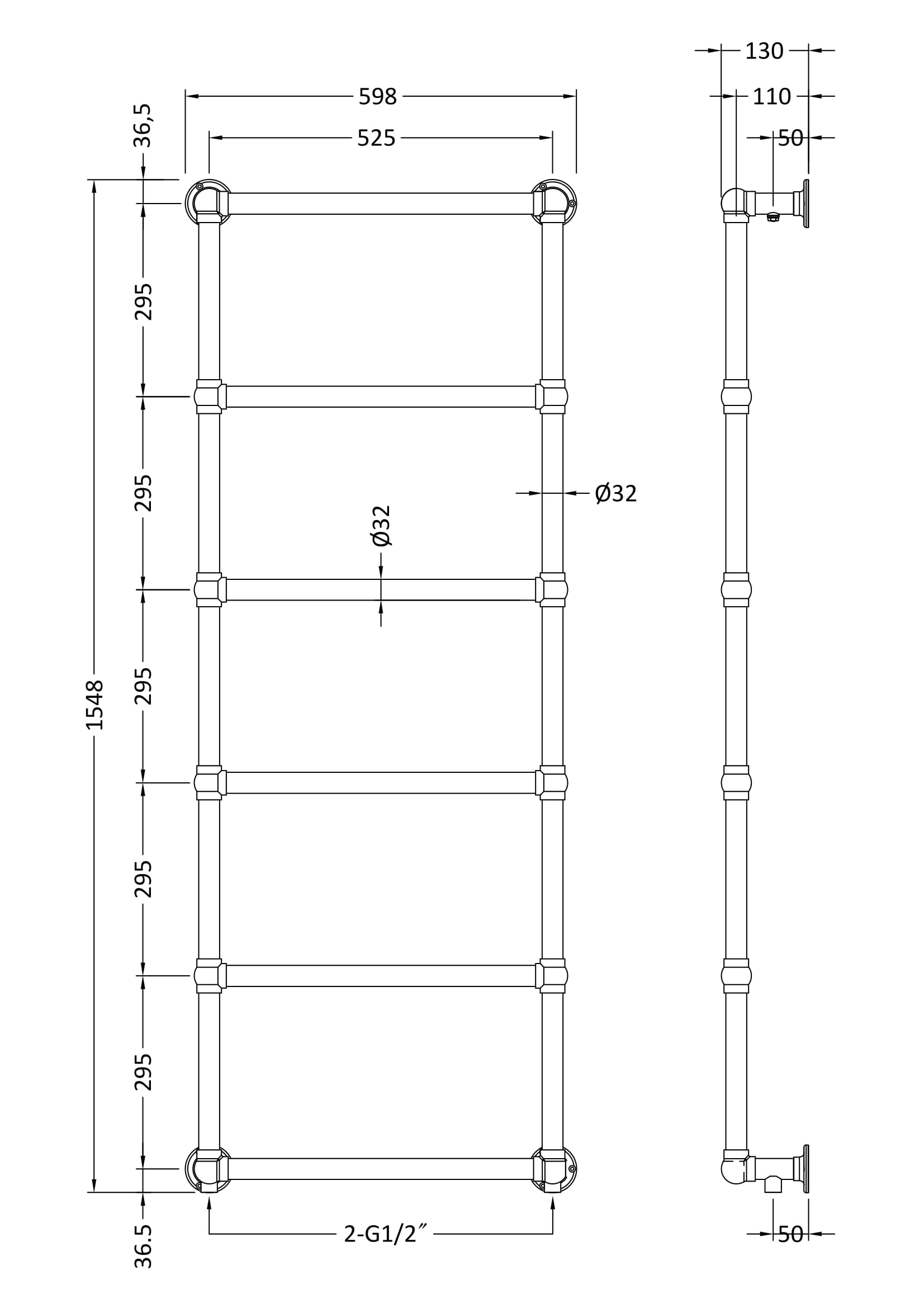 Polypropylene bathroom radiator with detailed technical drawing from Bubly Bathrooms, showcasing dimensions, pipe connections, and sturdy construction for modern bathroom heating solutions.