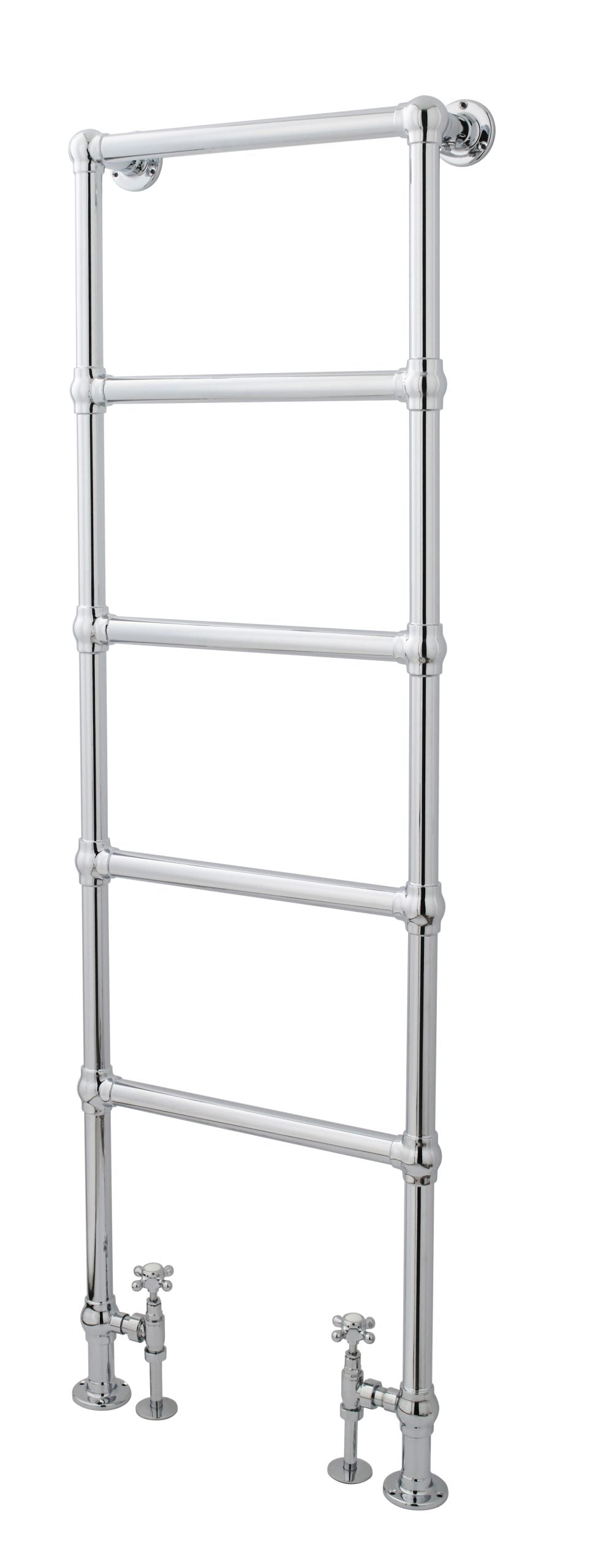 Polished chrome bathroom towel radiator with multiple horizontal bars and vintage-style valves, ideal for heated towel rails or radiator heating solutions.