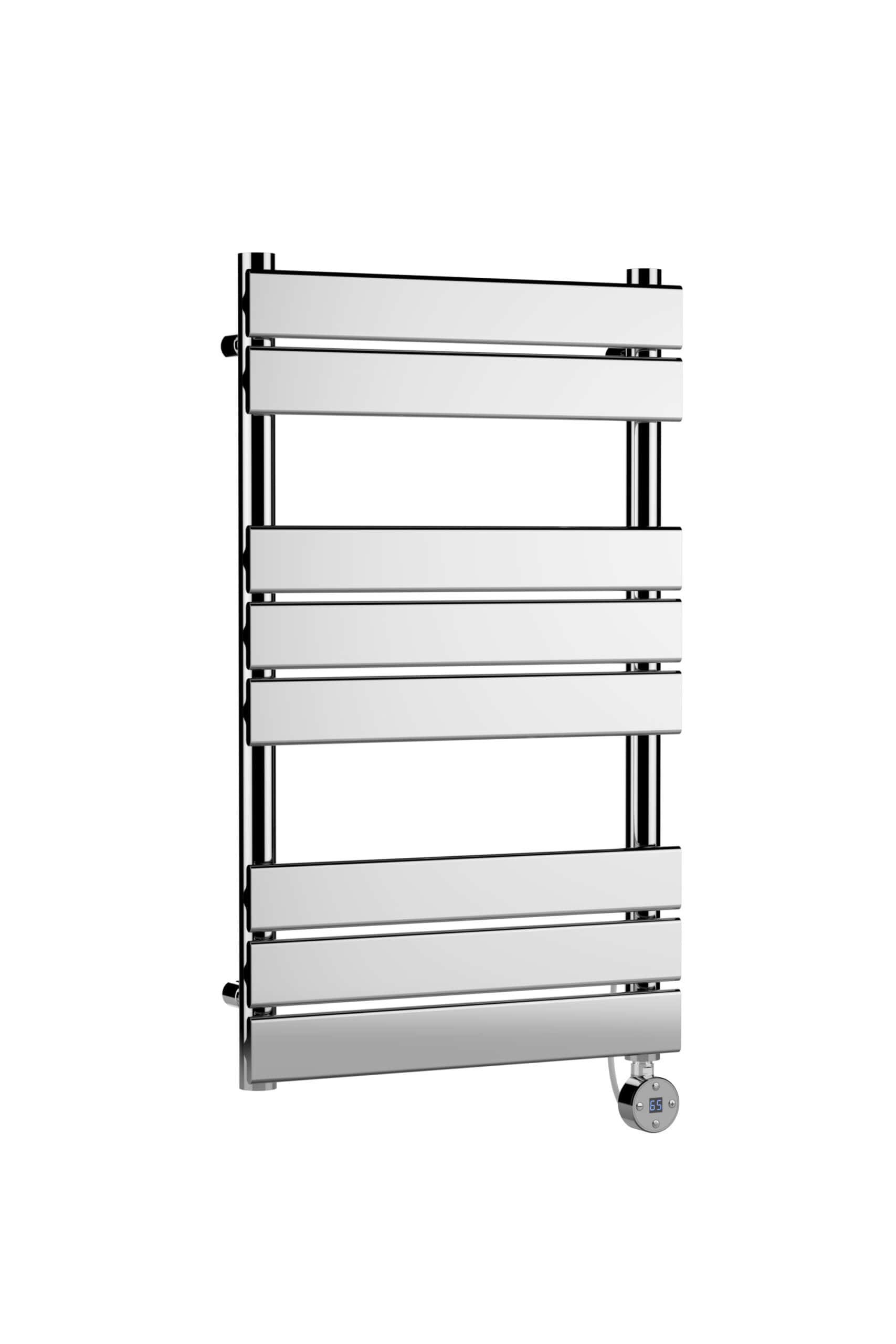 Modern electric towel radiator with a sleek chrome finish and digital thermostat for efficient bathroom heating and drying.