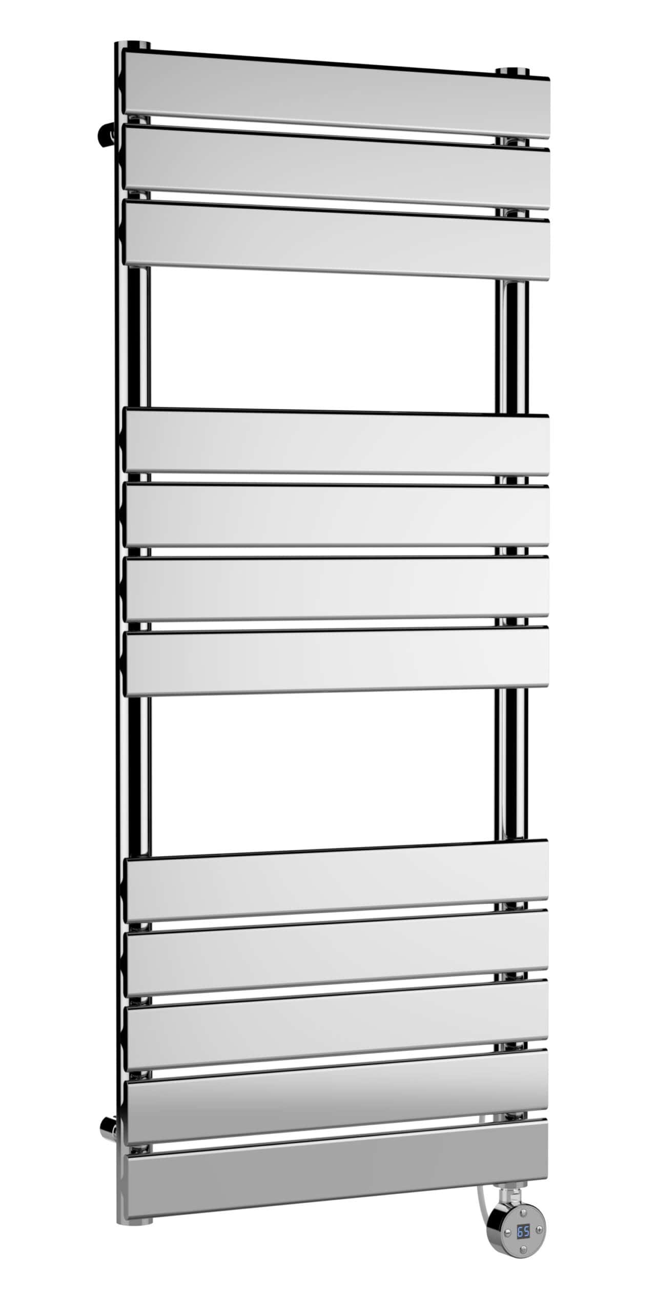 Aluminium heated towel rail radiator in a modern bathroom, featuring a sleek, vertical design with multiple horizontal bars for warming towels, ideal for contemporary Bubly Bathrooms settings.