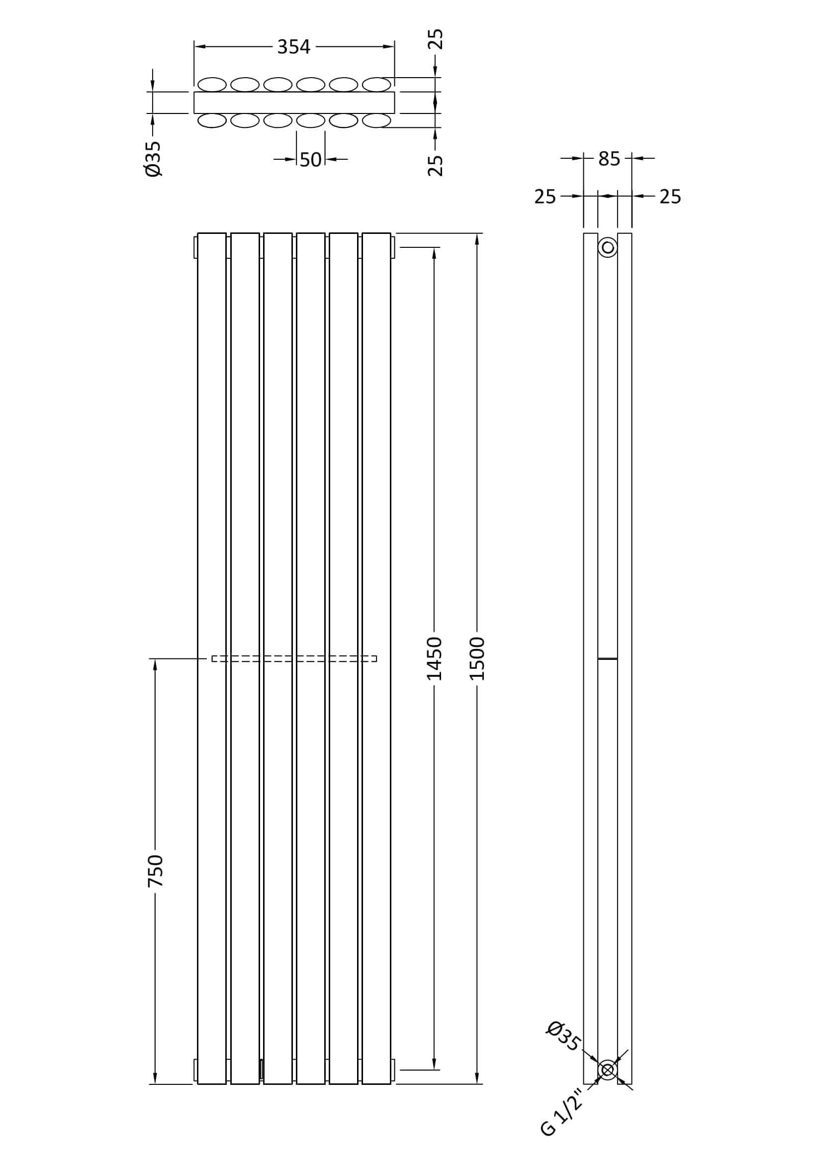 Elegant modern heated towel radiator with vertical design, available in multiple sizes for bathroom heating and towel drying. Durable steel construction with precise technical dimensions.