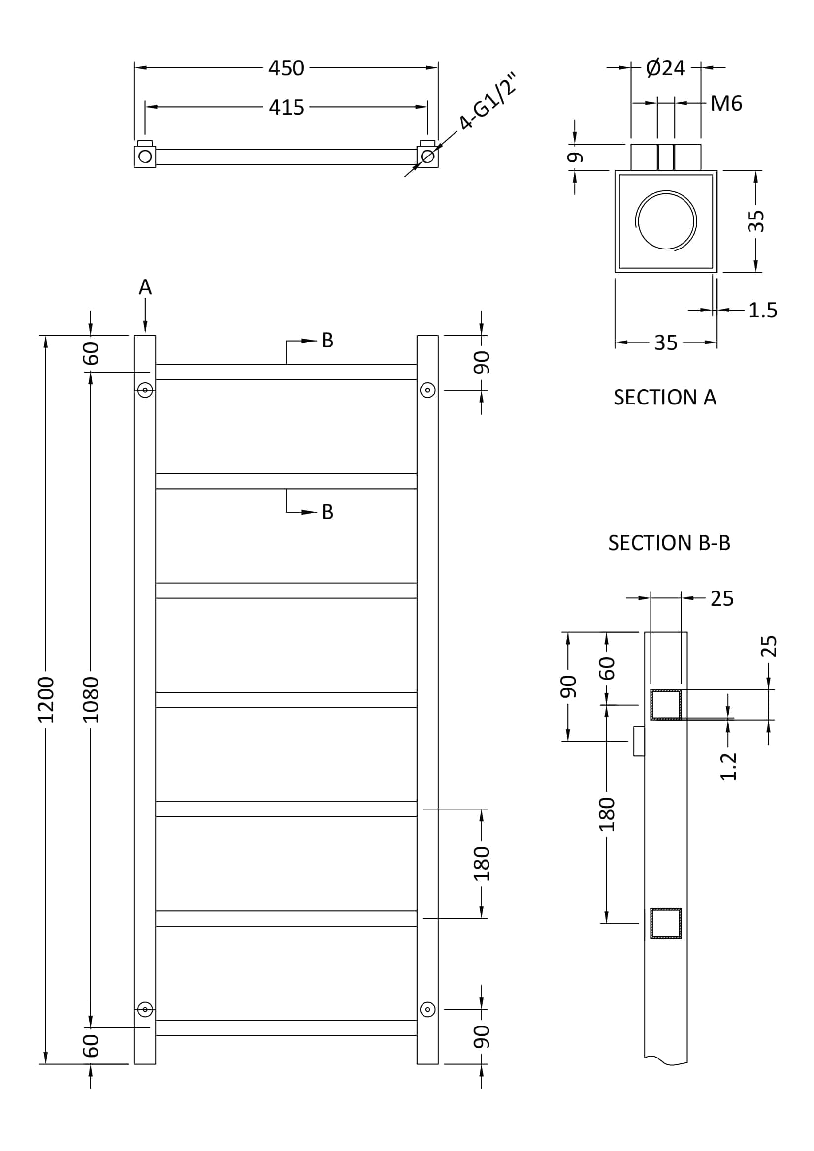 High-quality bathroom radiator installation drawing with precise measurements and technical details, ideal for bathroom renovations and plumbing professionals.
