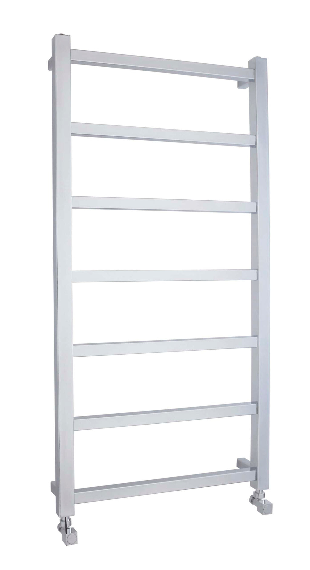 Aluminium towel radiator for bathroom heating and drying, with multiple horizontal bars and caster wheels for mobility and convenience.