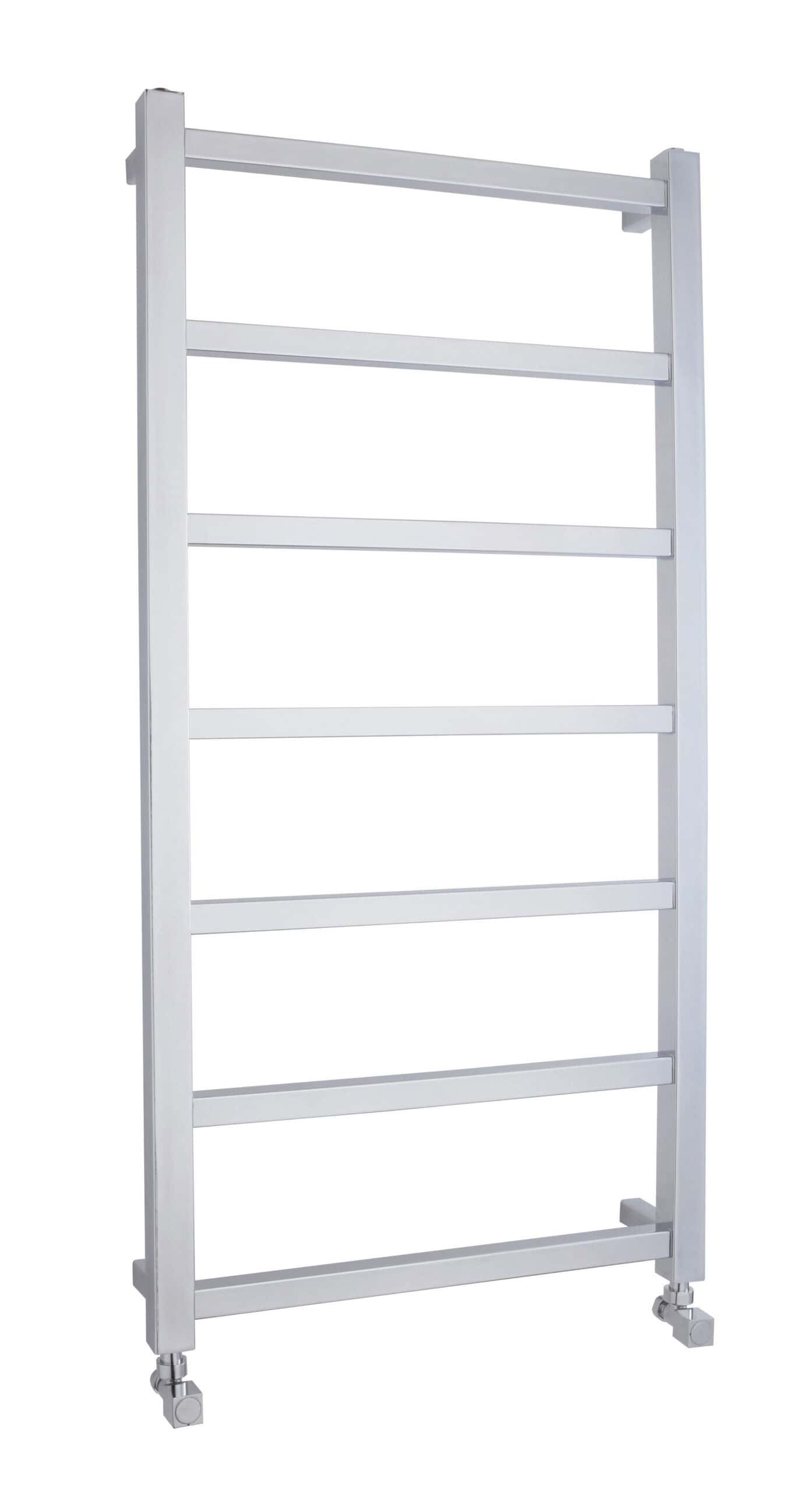 Aluminium towel radiator for bathroom heating and drying, with multiple horizontal bars and caster wheels for mobility and convenience.
