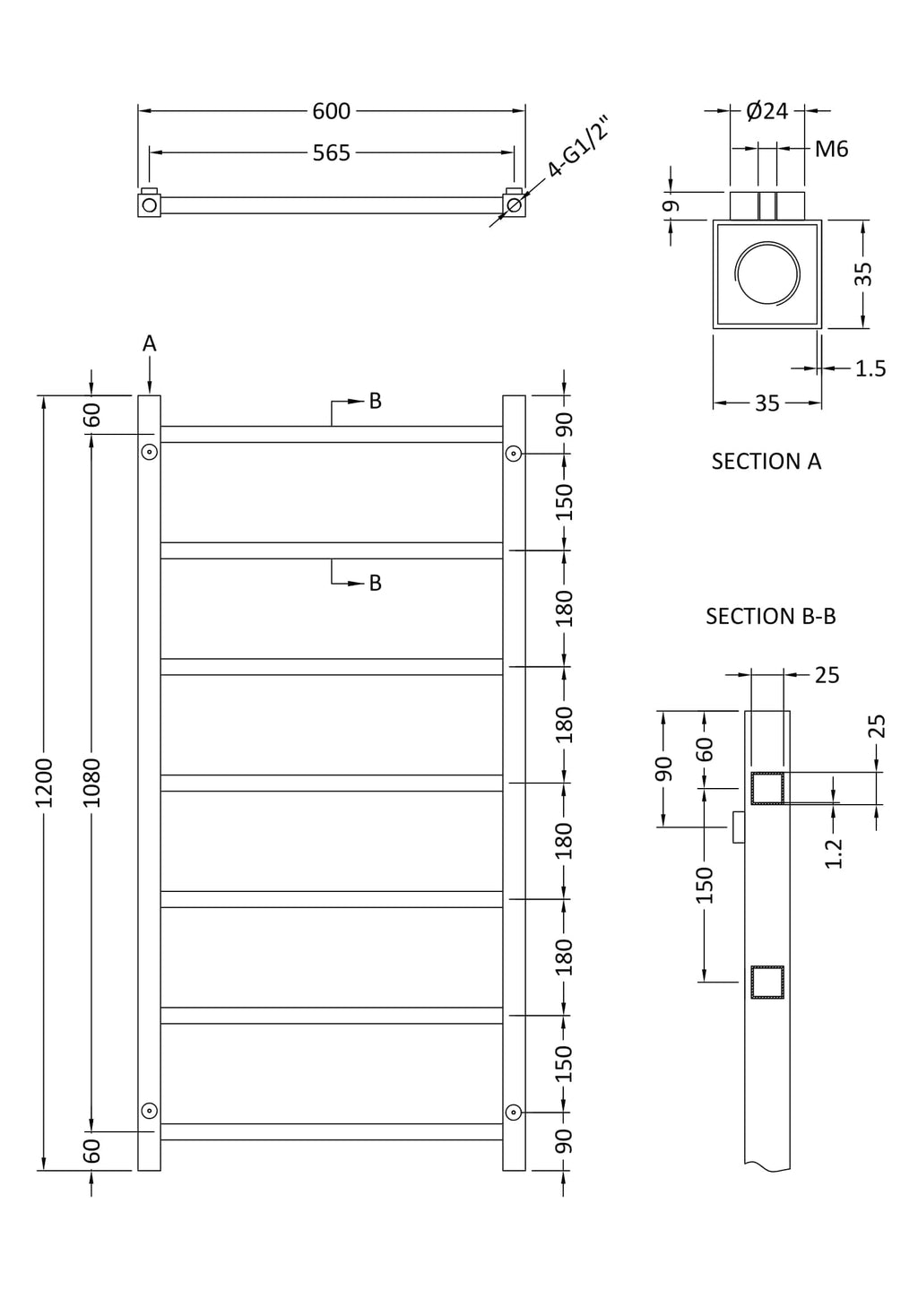 Aluminium towel radiator design with detailed technical drawing for modern bathroom heating solutions. Features precise measurements and installation specifications for quality bathroom renovations.