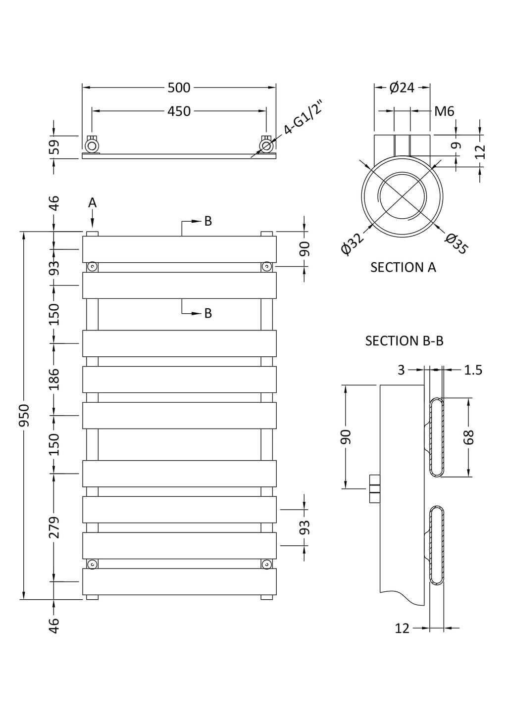 Elegant modern radiator design with precise technical specifications, ideal for contemporary bathroom heating, showcasing dimensions and installation details for Bubly Bathrooms.