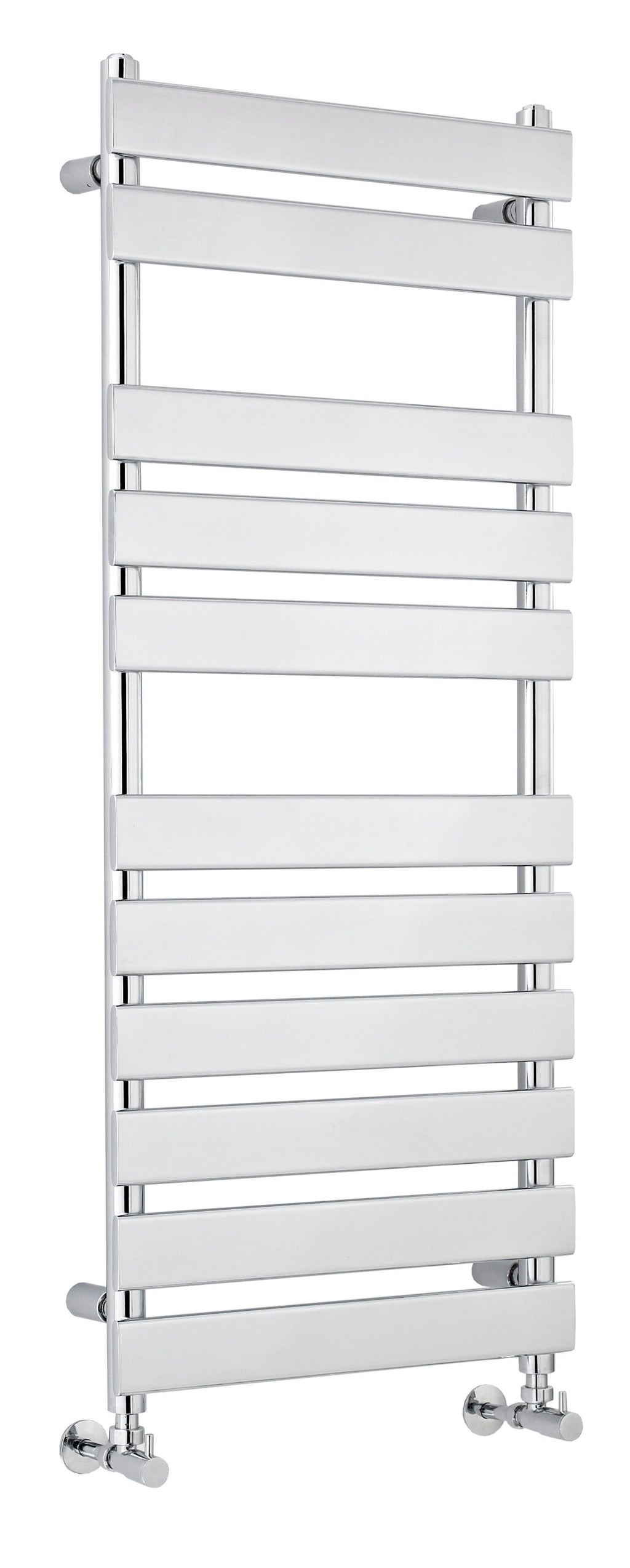 Brushed chrome heated towel rail for luxury bathroom heating and towel drying. Wall-mounted, modern design, ideal for contemporary bathroom decor. Perfect for warm towels and efficient heating.