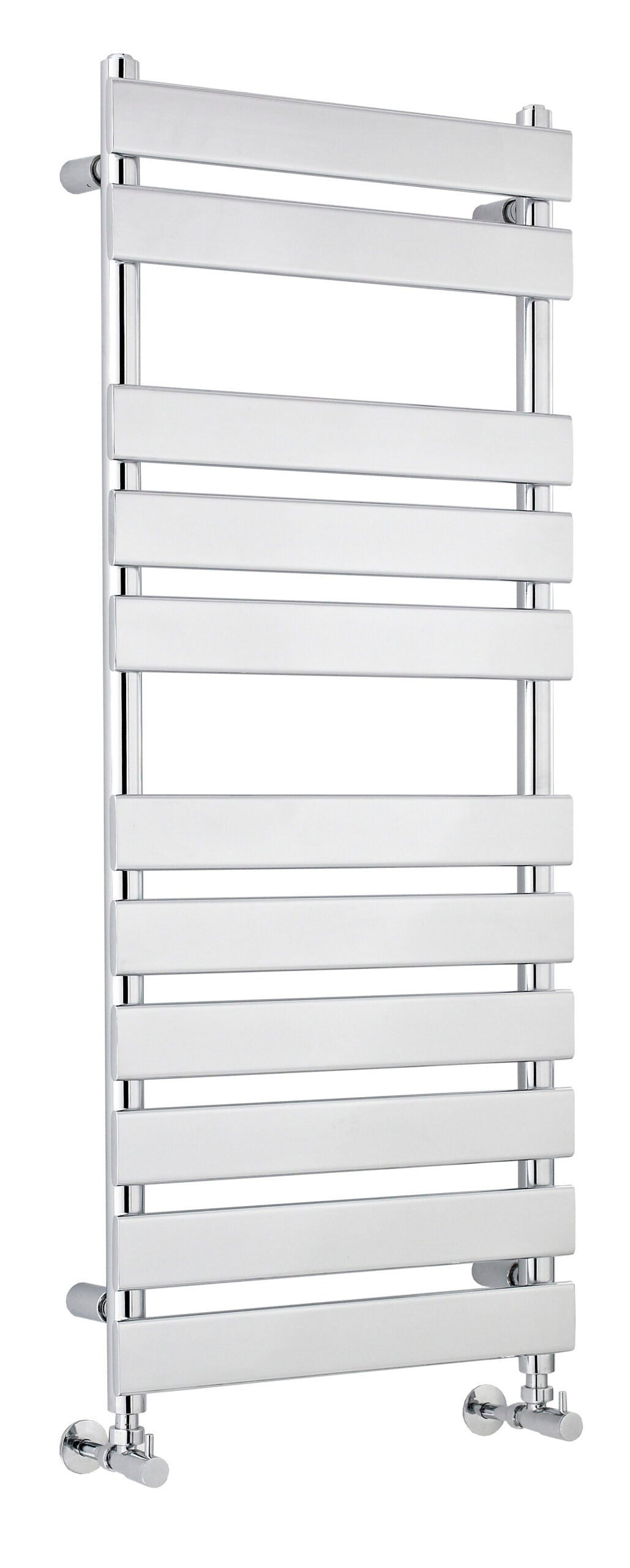 Brushed chrome heated towel rail for luxury bathroom heating and towel drying. Wall-mounted, modern design, ideal for contemporary bathroom decor. Perfect for warm towels and efficient heating.