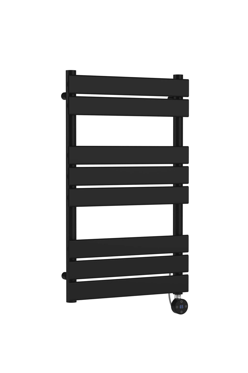 Eco-friendly black heated towel radiator with digital control panel, ideal for modern bathrooms to keep towels warm and dry. Durable design, energy-efficient heating, and comfortable indoor climate.