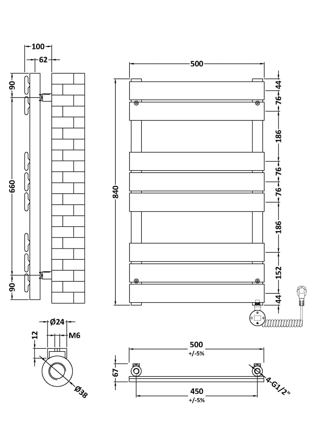 Highly detailed technical drawing of a modern bathroom radiator with precise measurements, ideal for bathroom installation planning and space optimisation.