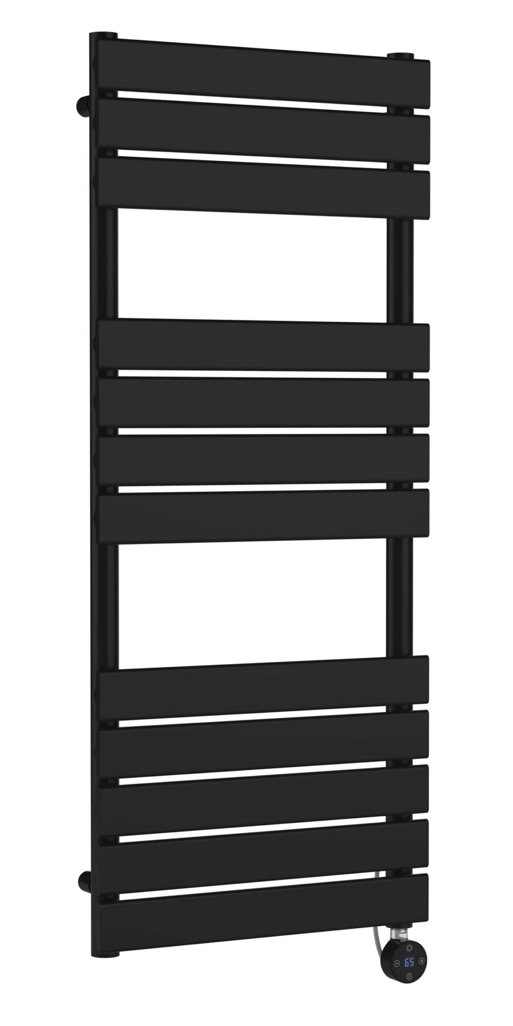 Modern black heated towel rail for luxury bathrooms with digital thermostat control.