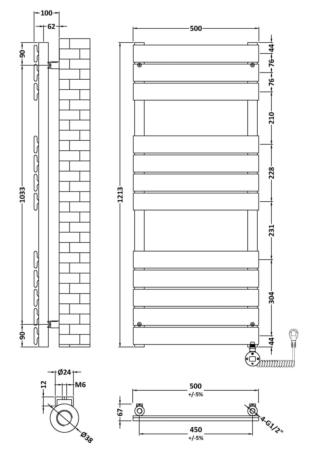 Efficient bathroom radiator with detailed technical drawing, measuring 1213mm height and 500mm width, featuring multiple heated panels for optimal warmth and bathroom heating solutions.