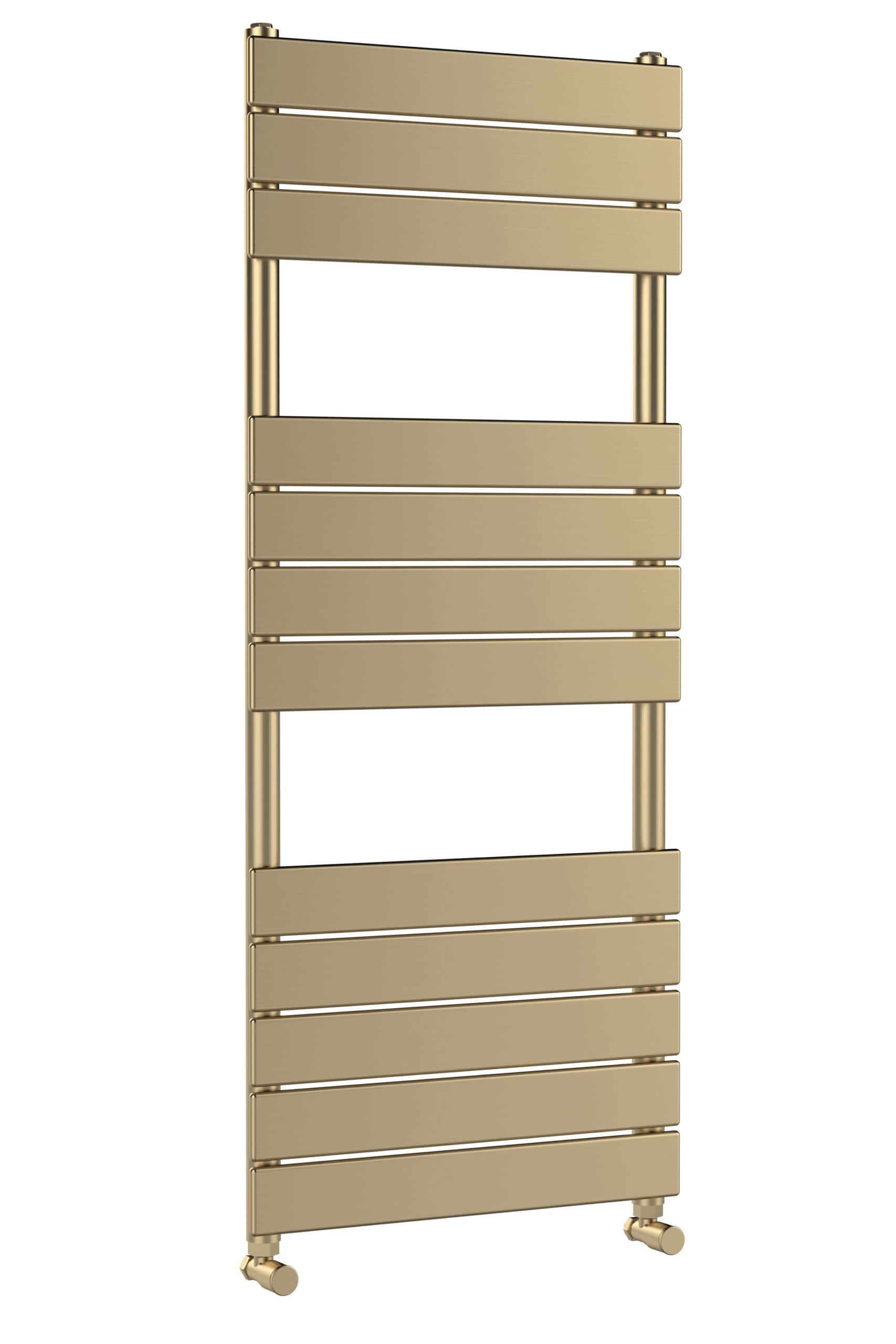 Gold heated towel radiator for modern bathroom decor, featuring horizontal bars for towels and easy wall mounting, perfect for luxury Bubly Bathrooms installations.