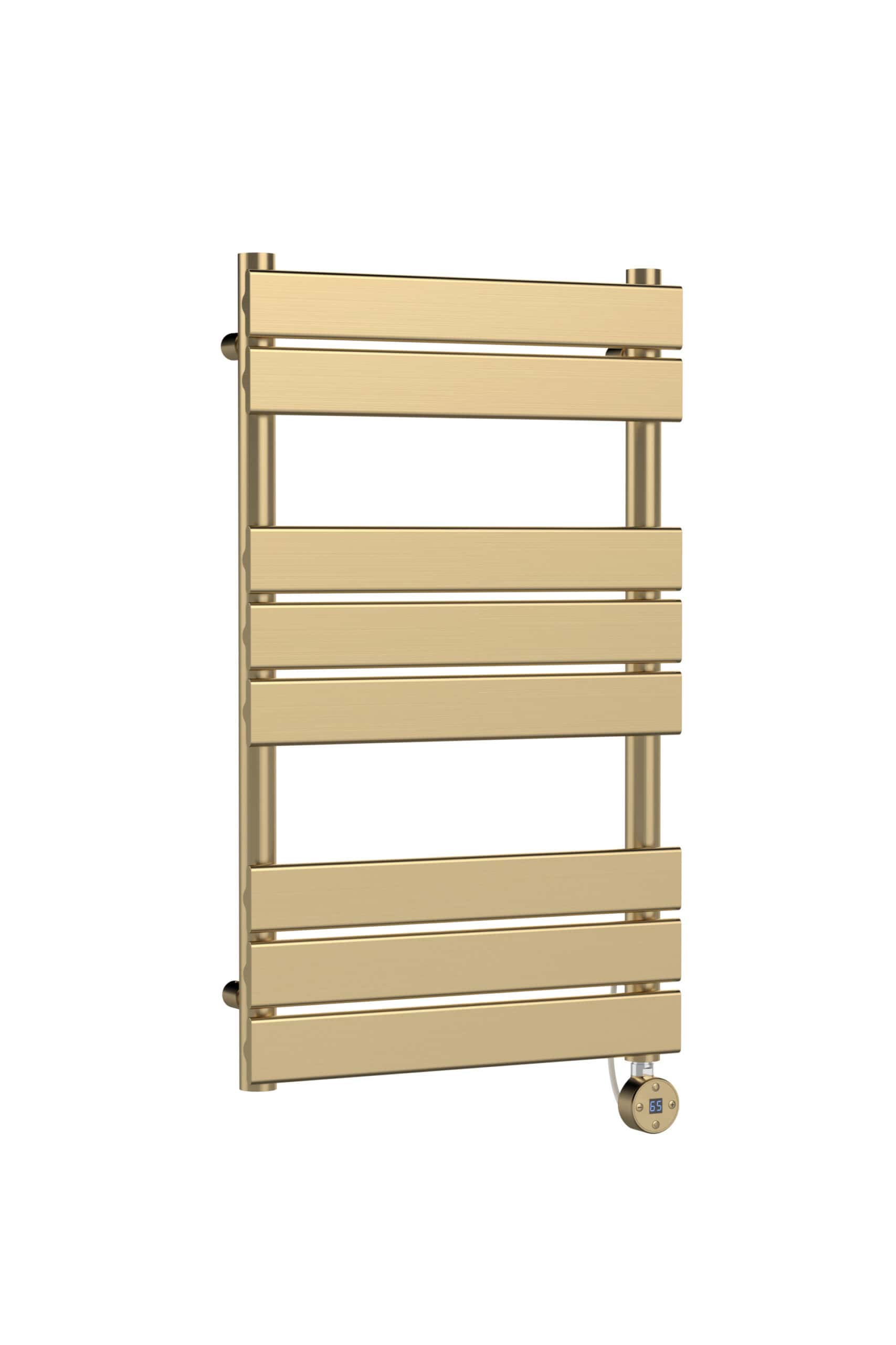 Elegant gold towel radiator with contemporary horizontal slats and adjustable thermostat, perfect for modern bathrooms.