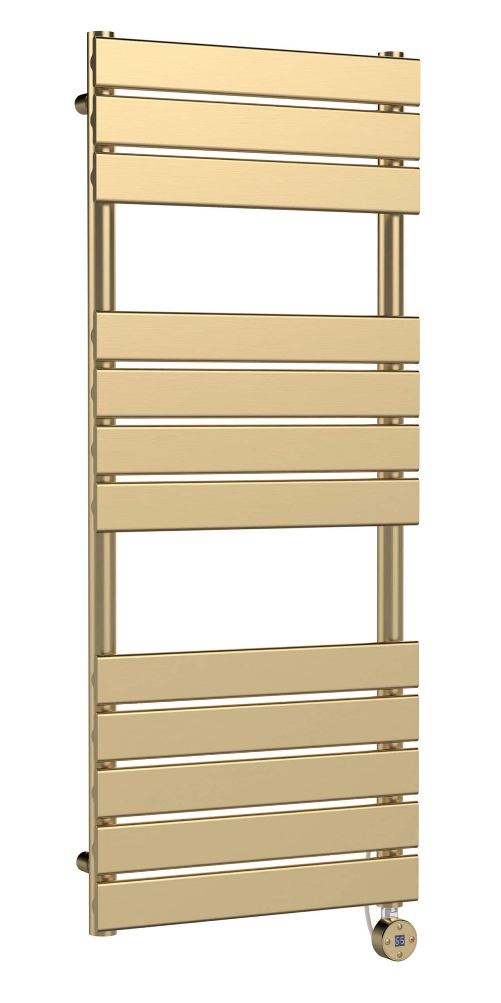 Warm gold towel radiator for bathroom heating, modern design with horizontal bars, digital thermostat control, energy-efficient and stylish for luxurious bathroom decor.