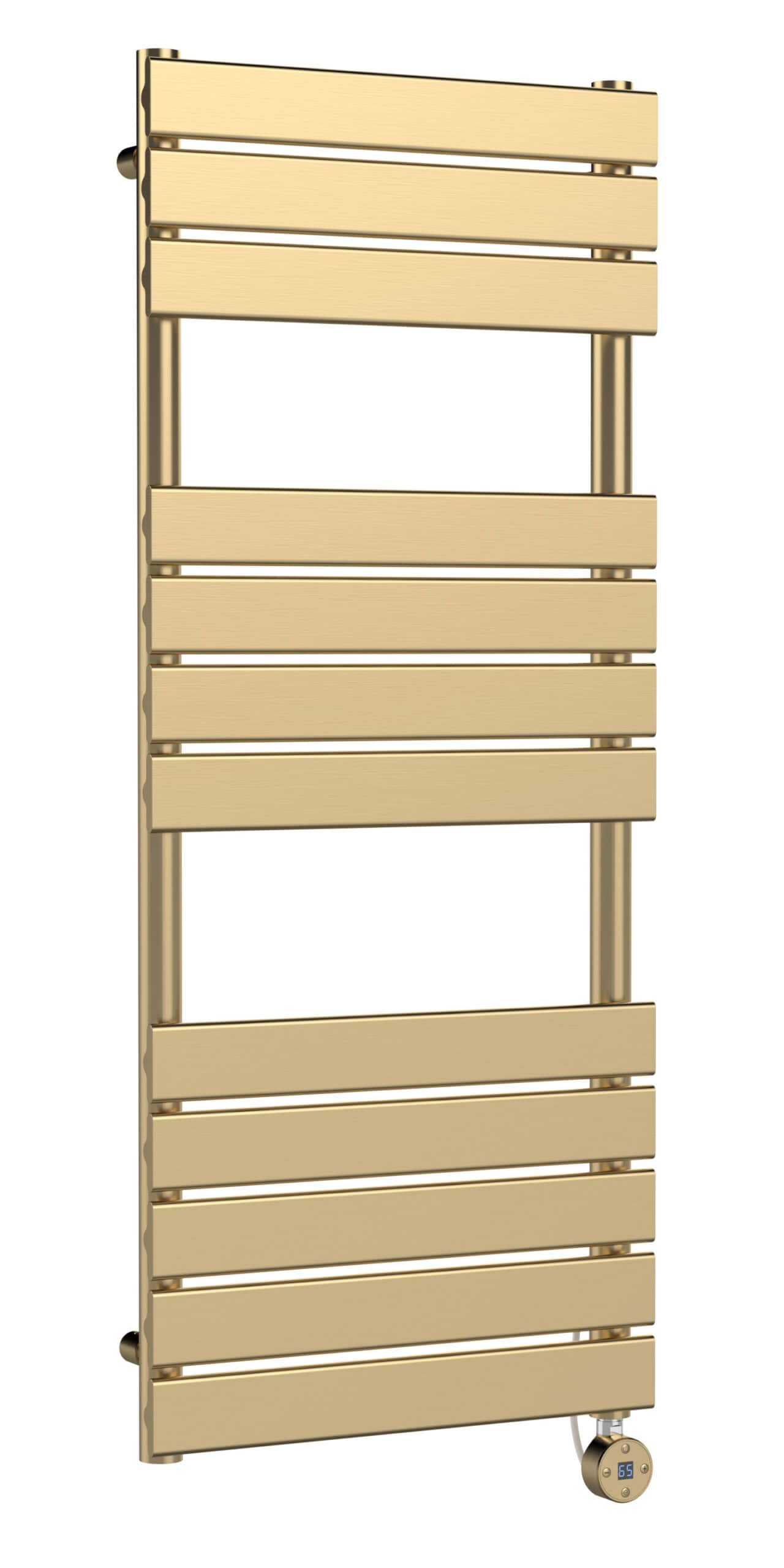 Warm gold towel radiator for bathroom heating, modern design with horizontal bars, digital thermostat control, energy-efficient and stylish for luxurious bathroom decor.