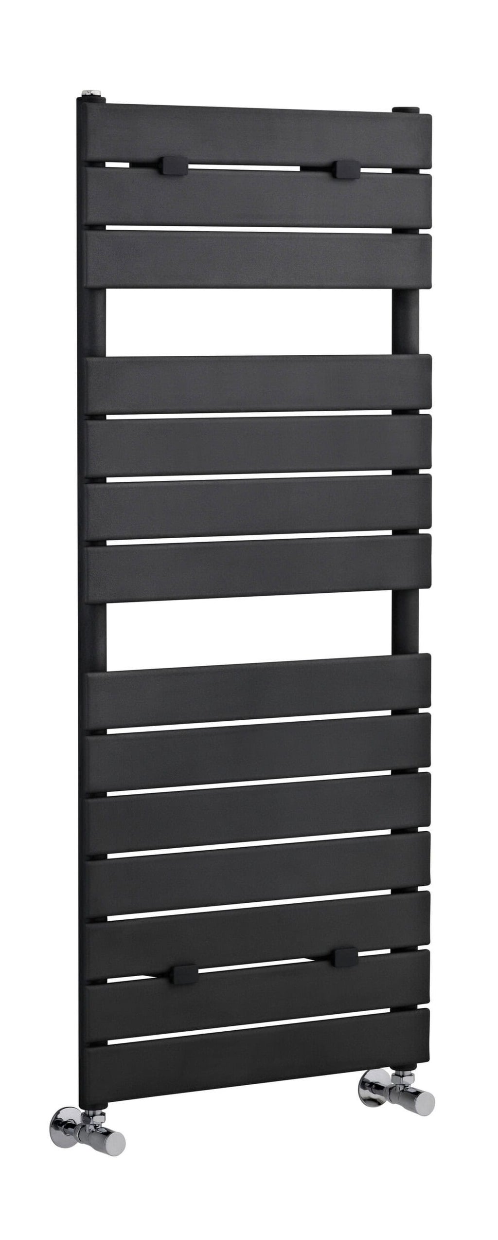 Black heated towel rail for bathroom heating and drying towels, modern design, with chrome fixtures, perfect for bathroom upgrades, enhances comfort and style.
