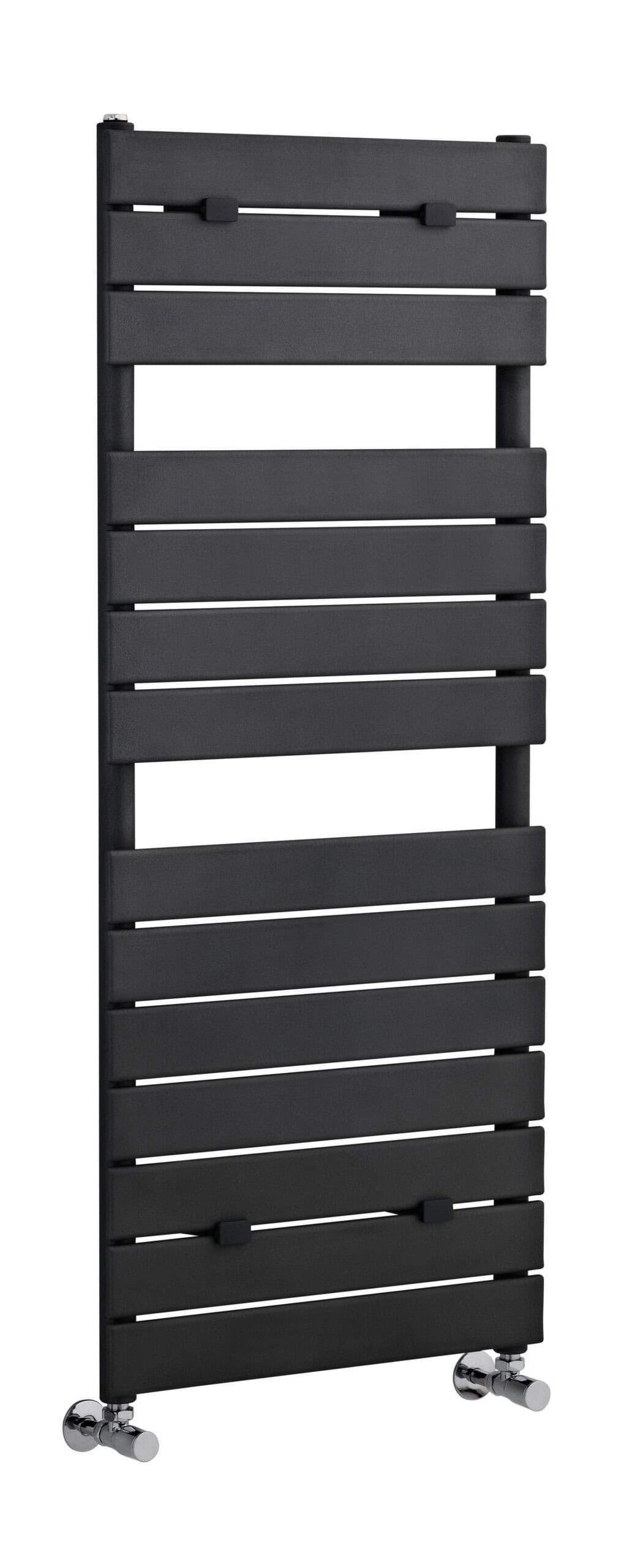 Black heated towel rail for bathroom heating and drying towels, modern design, with chrome fixtures, perfect for bathroom upgrades, enhances comfort and style.