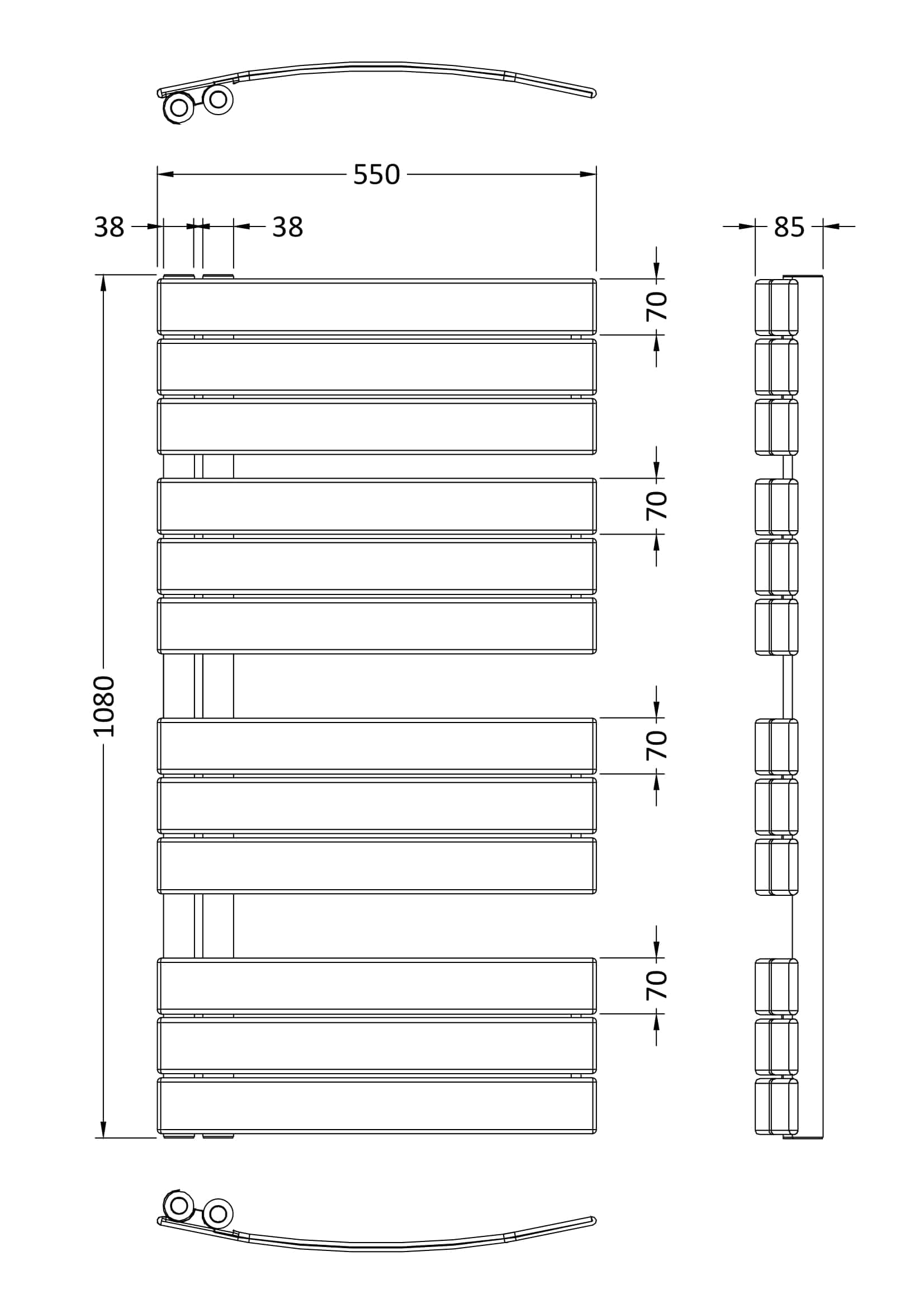 Elegant modern bathroom towel radiator with sleek horizontal bars, ideal for heating and drying towels, featuring precise measurements for stylish bathroom interiors.