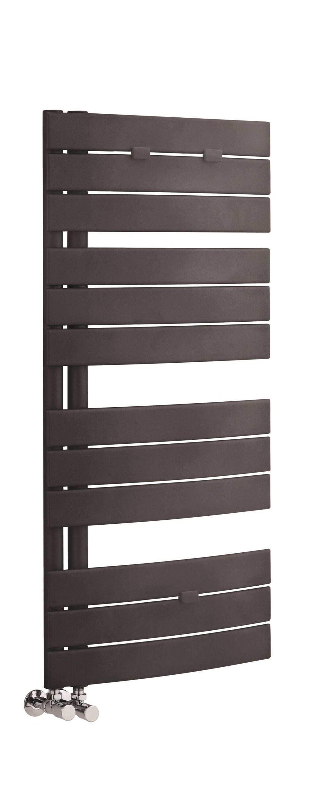 Black heated towel radiator with horizontal slats for bathroom heating and drying towels. Chrome valves at the bottom for easy temperature control. Modern design ideal for contemporary bathrooms.