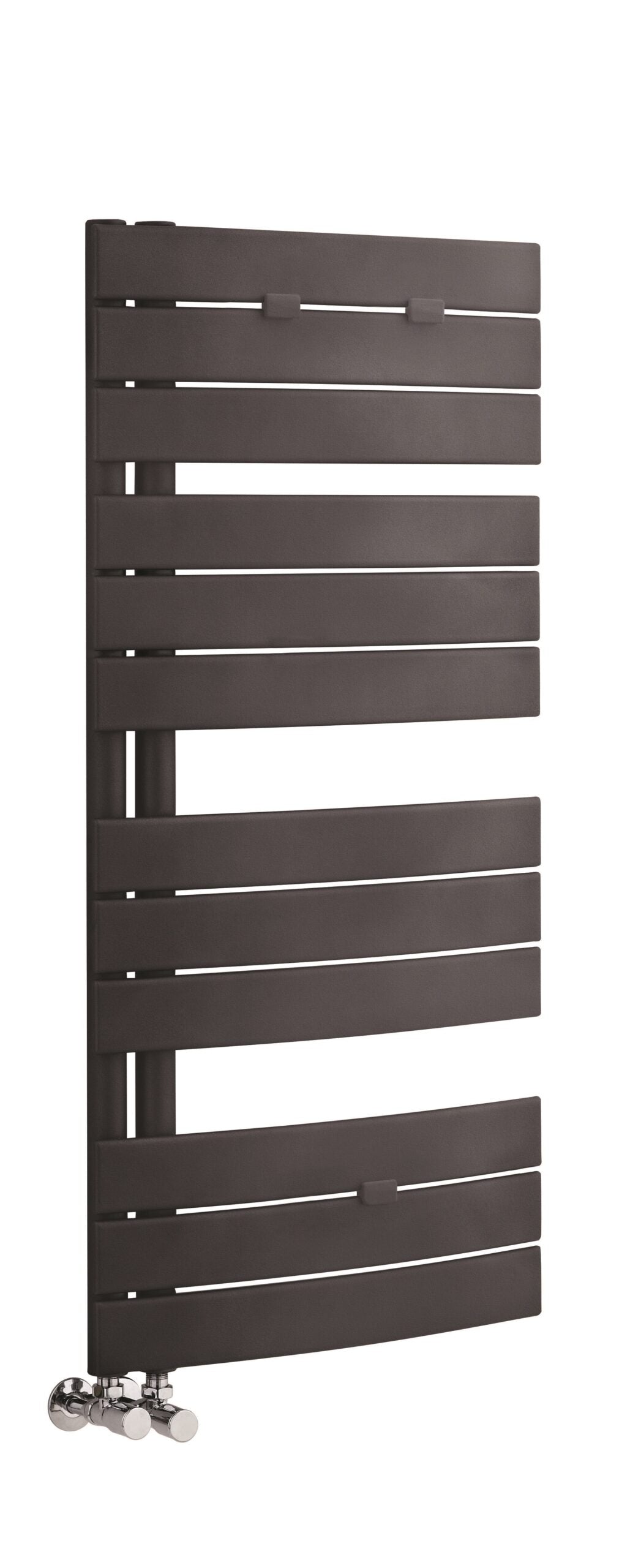 Black heated towel radiator with horizontal slats for bathroom heating and drying towels. Chrome valves at the bottom for easy temperature control. Modern design ideal for contemporary bathrooms.