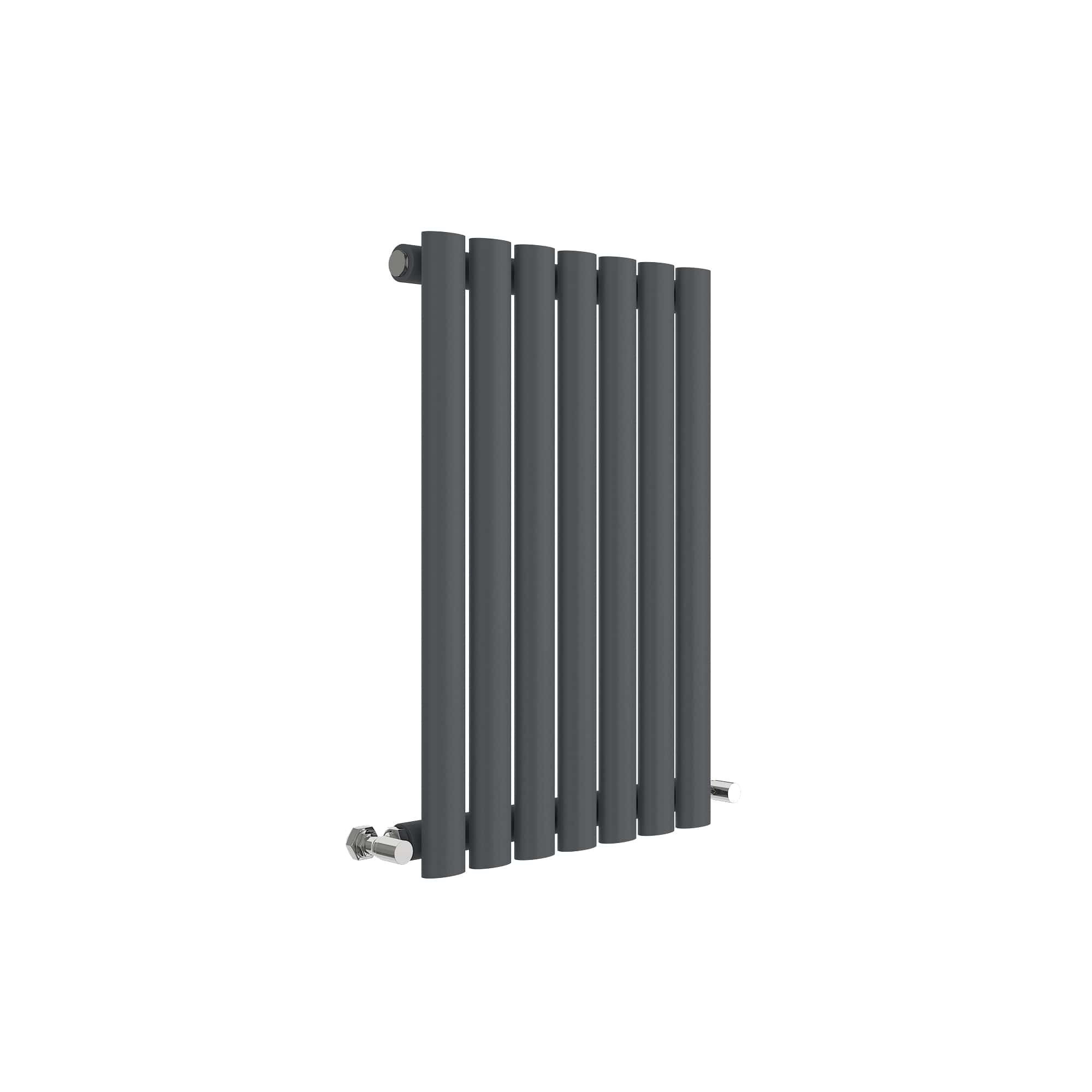 Modern vertical black towel radiator with chrome inlet connectors, ideal for contemporary bathroom heating solutions, combining style and functionality.
