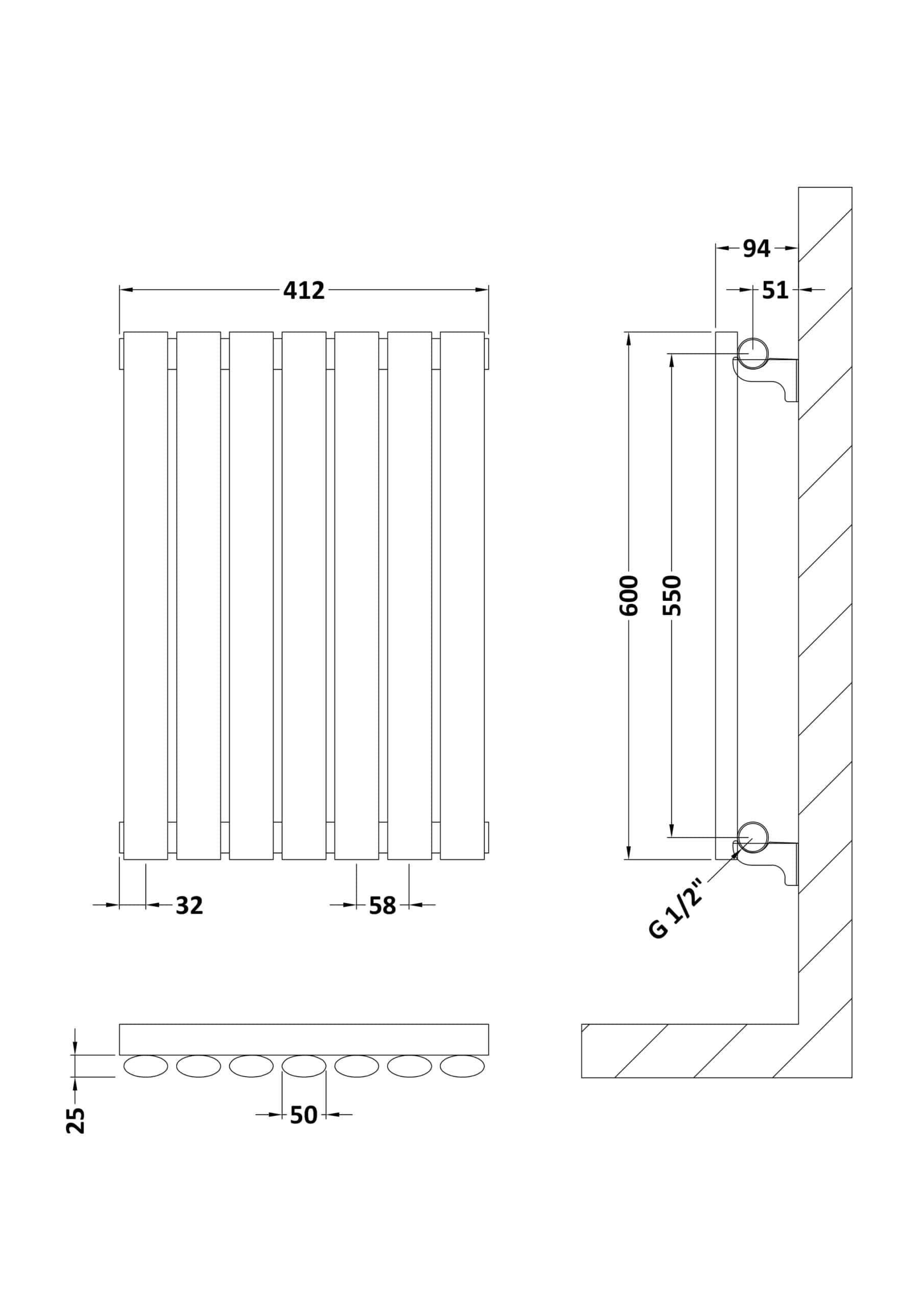 High-quality modern radiator design ideal for bathrooms, with precise measurements and installation details to ensure seamless integration into Bubly Bathrooms' stylish bathroom furnishing solutions.