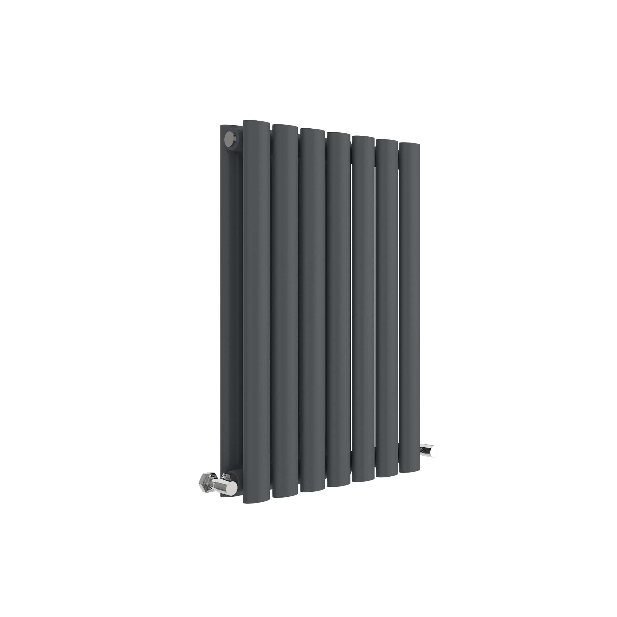 Black modern vertical radiator for bathrooms and heating solutions.