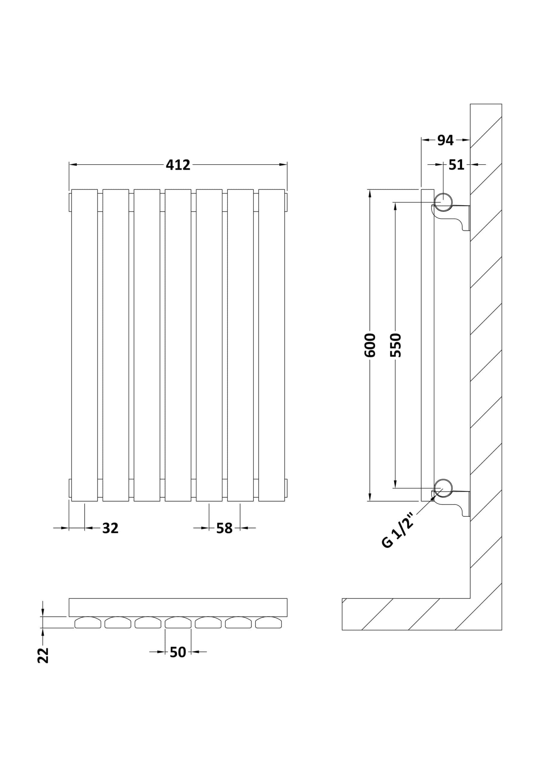 Aluminium radiator with detailed measurements for bathroom heating, including wall mounting specifications and dimensions for efficient Bubly bathroom radiators.