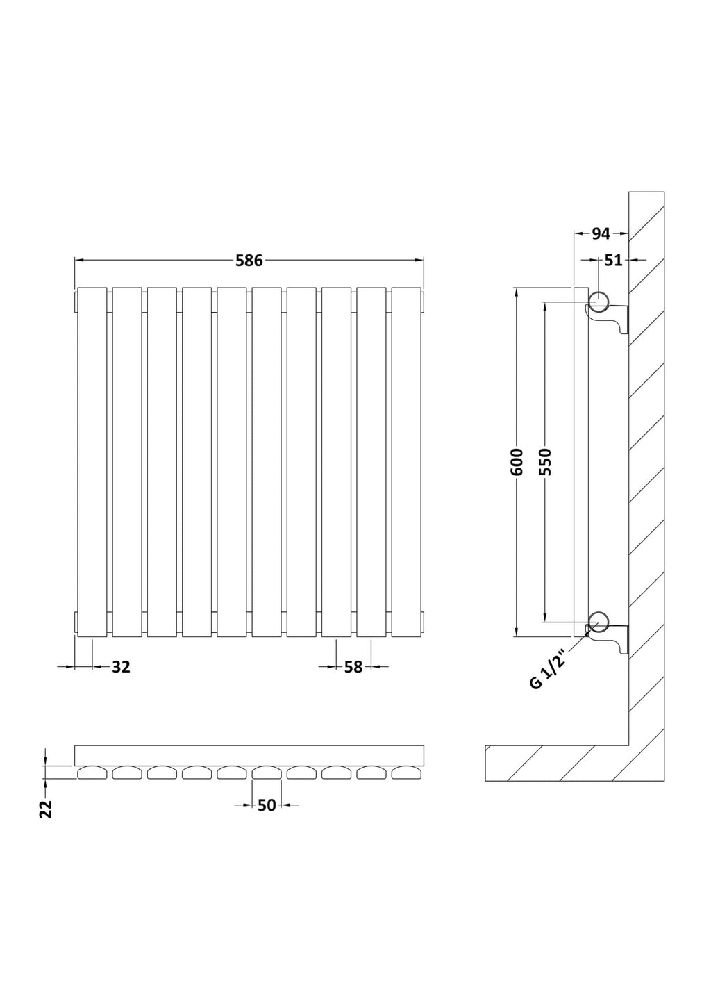 Aluminium radiator for bathroom heating with detailed technical drawing, measurements and installation specifications. Suitable for modern bathrooms requiring efficient heat distribution.