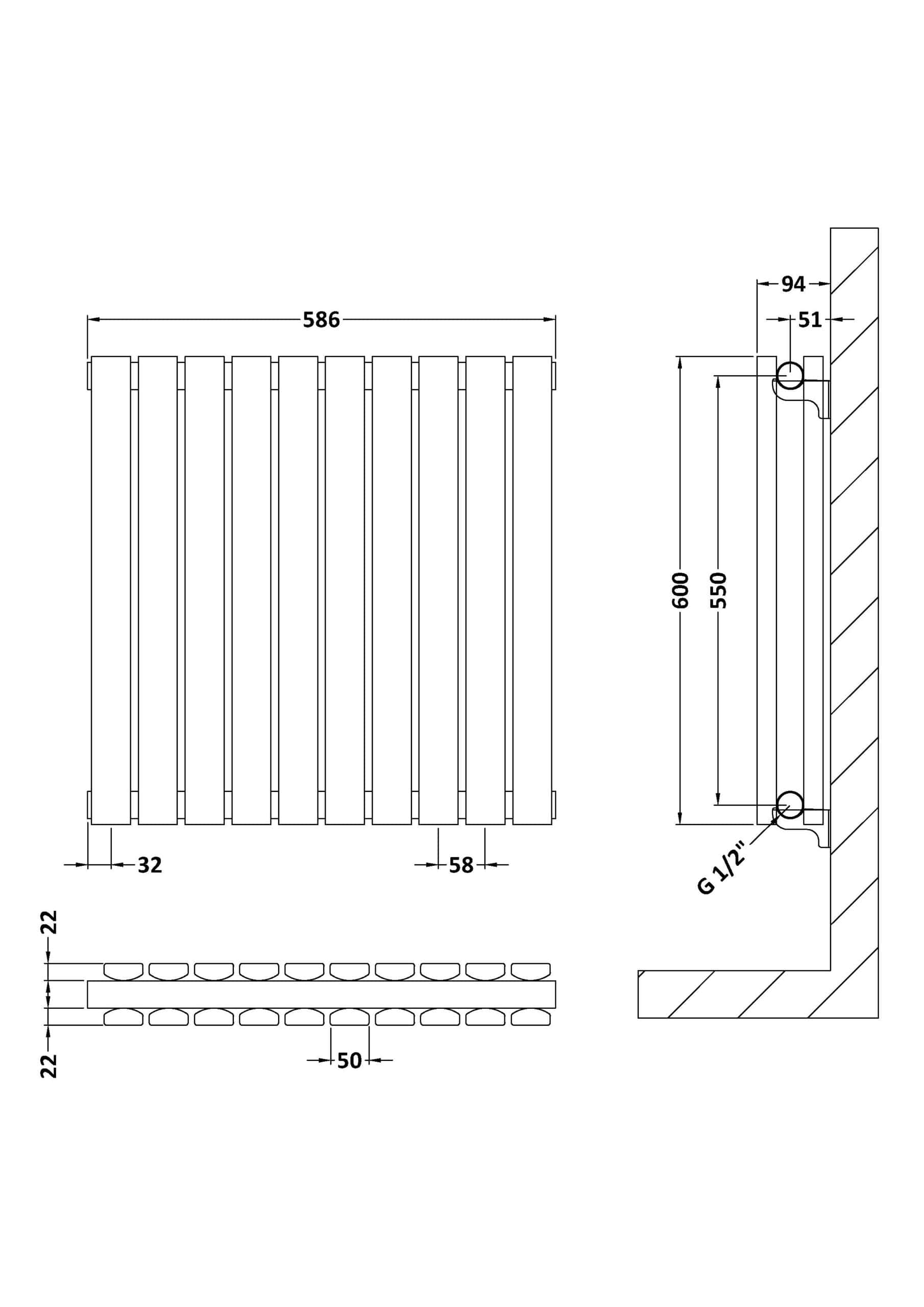 Aluminium radiator radiator with detailed technical drawing, dimensions, and mounting specifications for modern bathroom heating solutions.