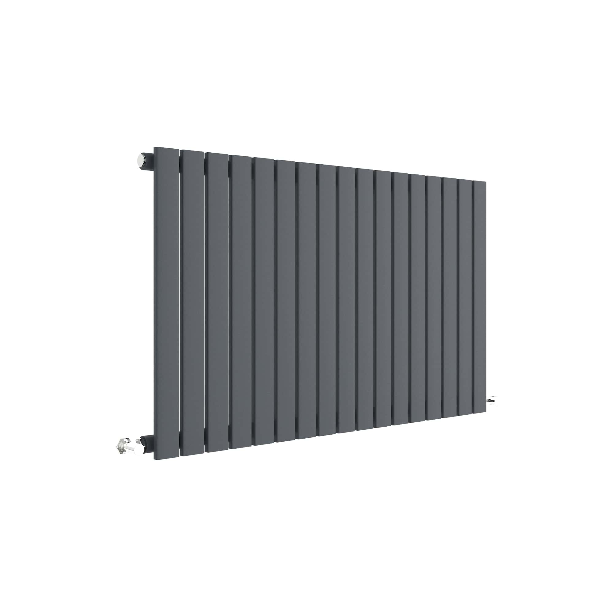 Black horizontal radiator for modern bathroom heating, durable steel design, wall-mounted towel warmer, energy-efficient radiator installation for cosy bathrooms.