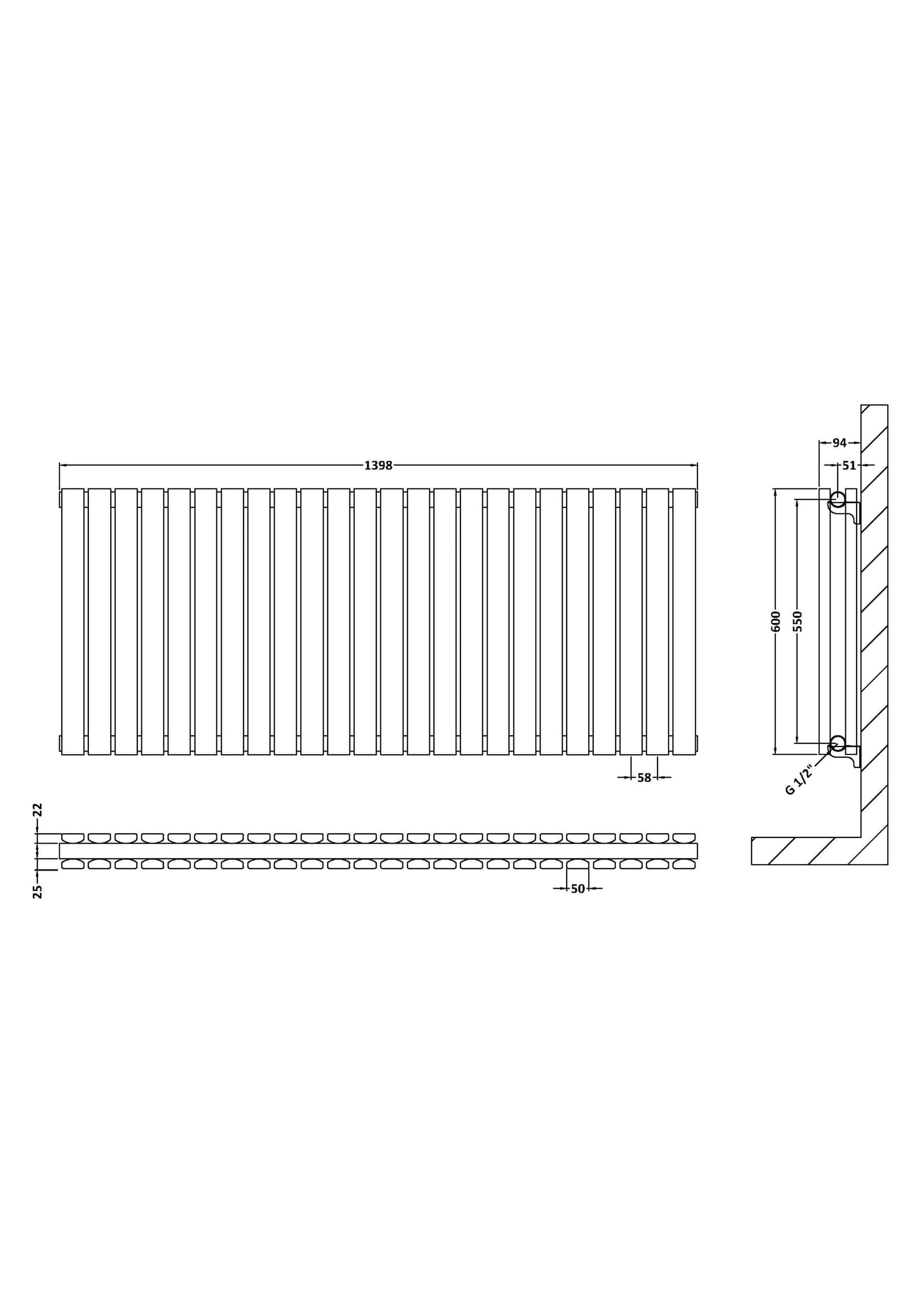 High-quality modern bathroom radiator design from Bubly Bathrooms, featuring sleek horizontal bars perfect for contemporary bathroom heating and towel drying, detailed technical drawing included.