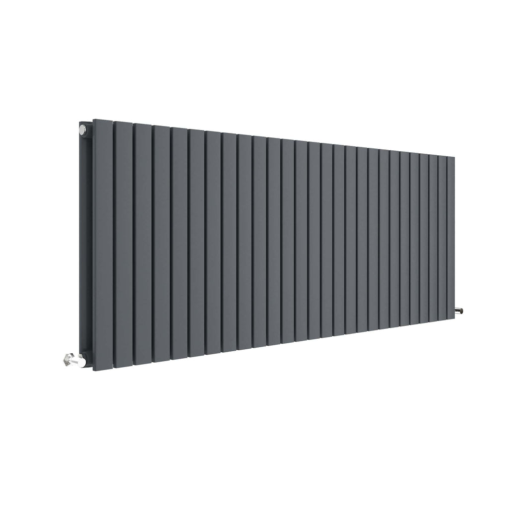 Contemporary black aluminium flat panel radiator, ideal for modern bathroom heating solutions, designed for efficient warmth and sleek aesthetics.