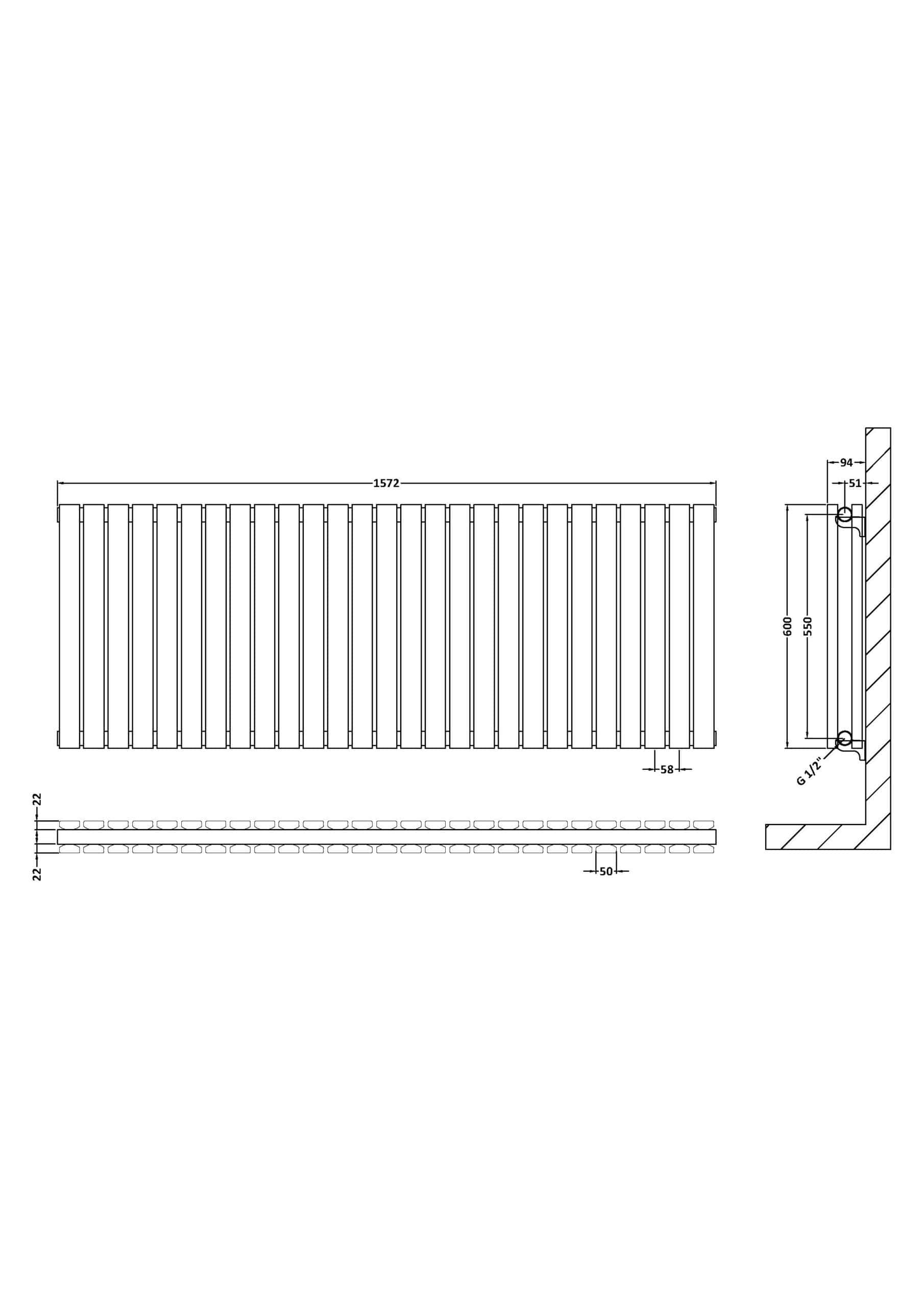 Stylish radiator for modern bathroom design, featuring sleek vertical bars and precise measurements for optimal heating performance and aesthetic appeal. Perfect for Bubly Bathrooms installations.