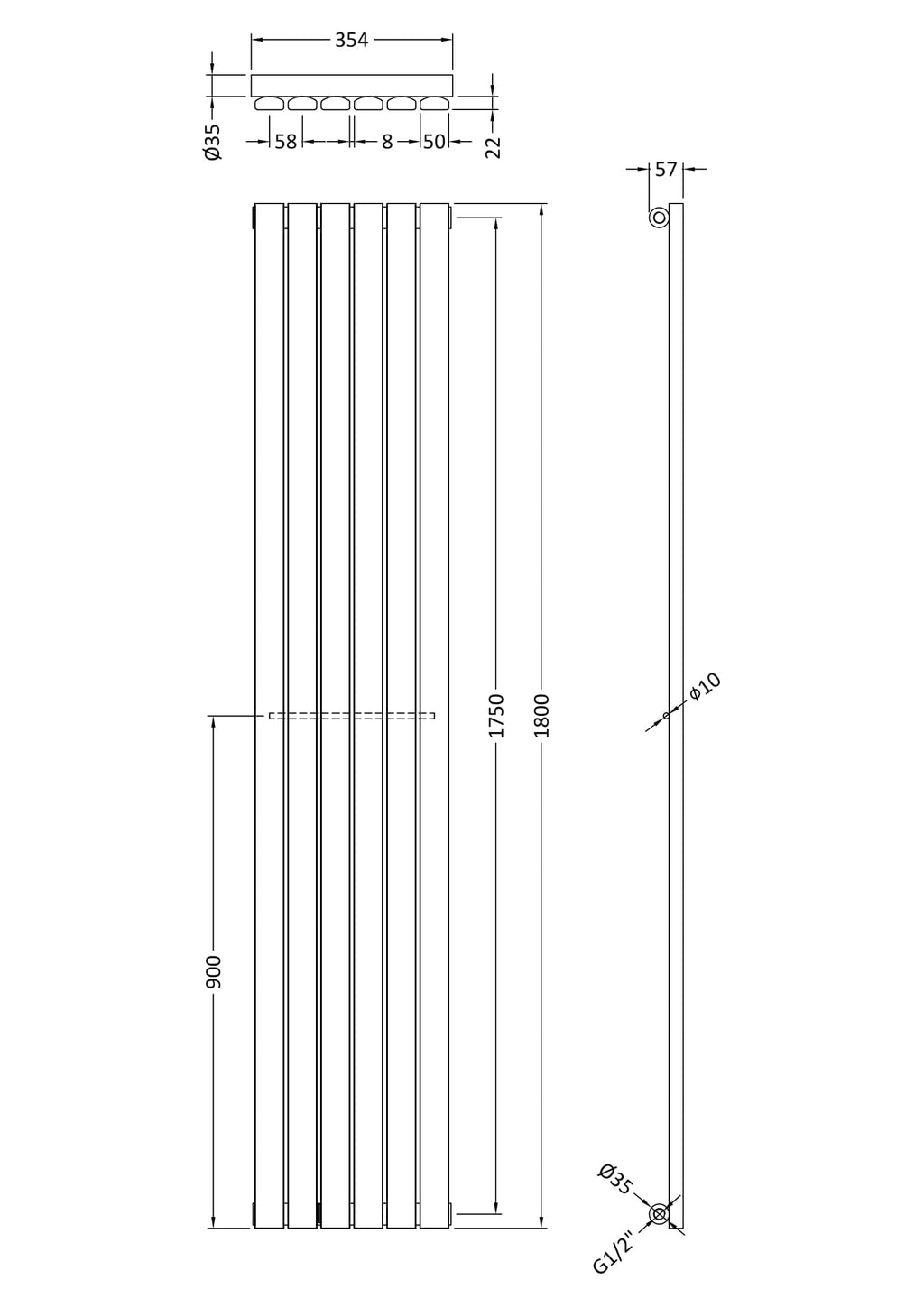 Sleek vertical heated towel rail ideal for modern bathrooms, featuring durable metal design with precise dimensions for optimal bathroom heating and towel drying solutions.
