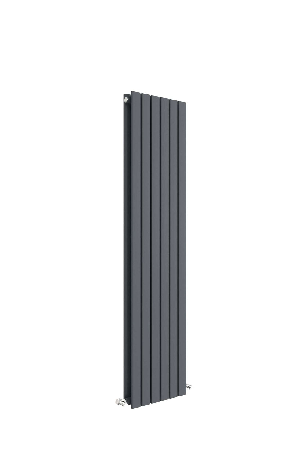 Sleek black vertical radiator with modern minimalist design suitable for contemporary bathrooms.