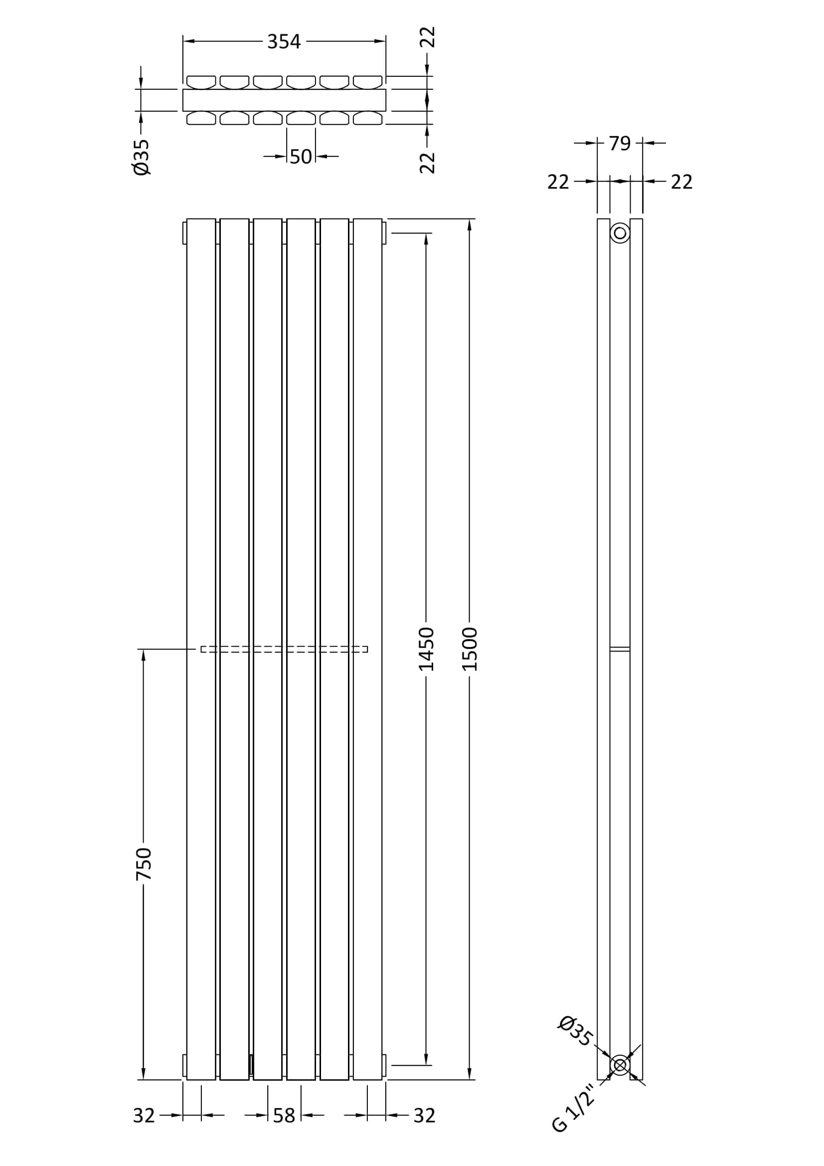 Sleek modern vertical radiator for bathroom heating, 1500mm tall with 8 heat-conducting bars, durable steel construction, designed for efficient home or commercial bathroom radiators.