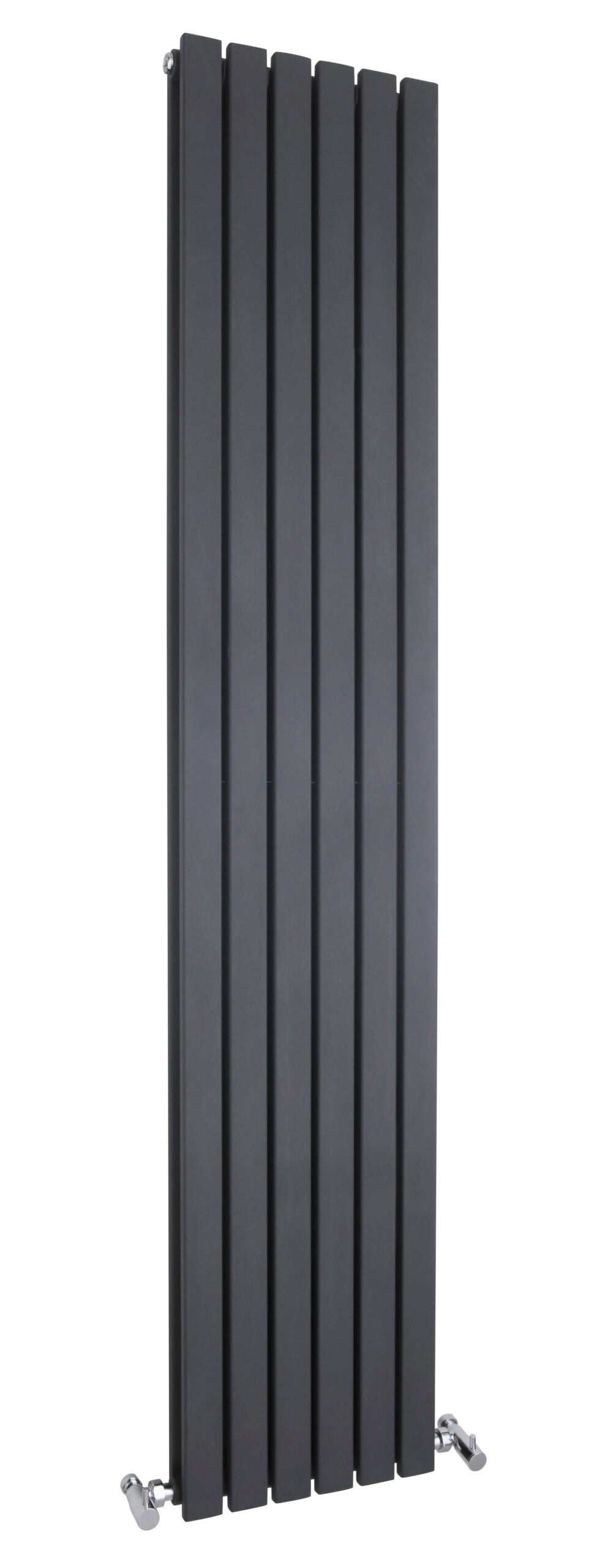 Black modern vertical radiator for bathroom heating, wall-mounted with chrome valves, stylish and functional heating solution for contemporary bathrooms.