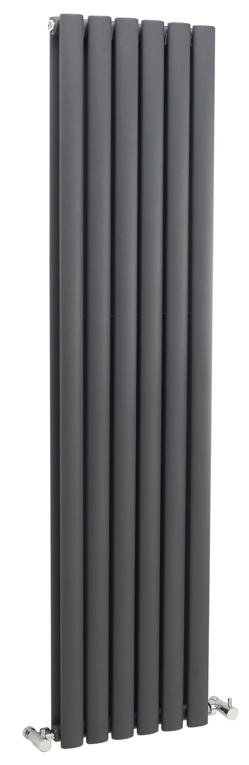 Radiator for modern bathroom heating, vertical black towel radiator with chrome valves, contemporary design, perfect for space-saving heating solutions in bathrooms.