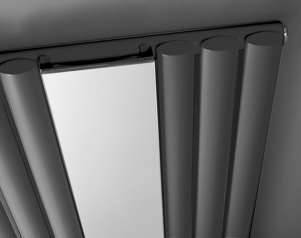 Sleek modern shower panel with chrome finish, featuring vertical jets and a central shower head for a luxurious bathroom experience.