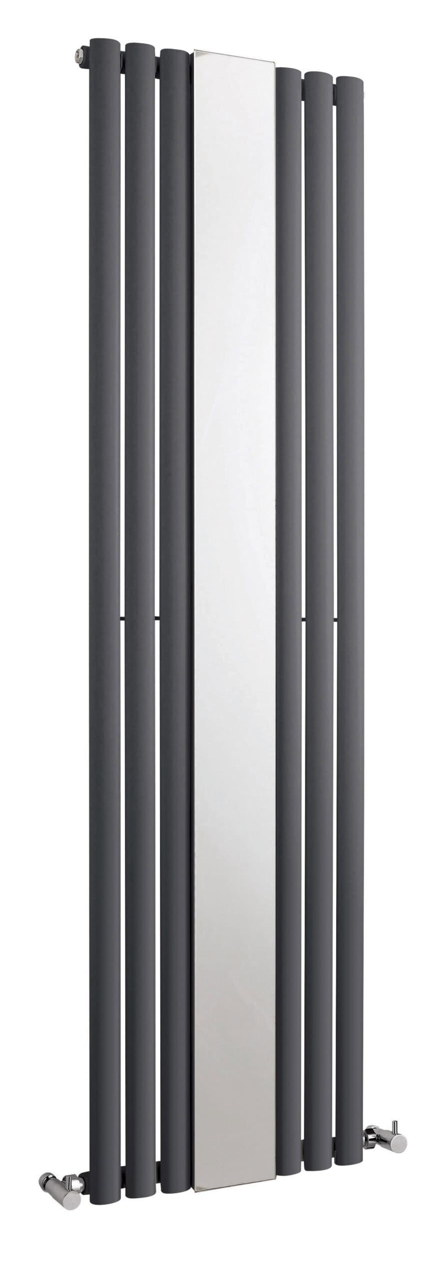 Column radiator with vertical black and silver modern design, ideal for contemporary bathrooms, powered by efficient central heating systems.