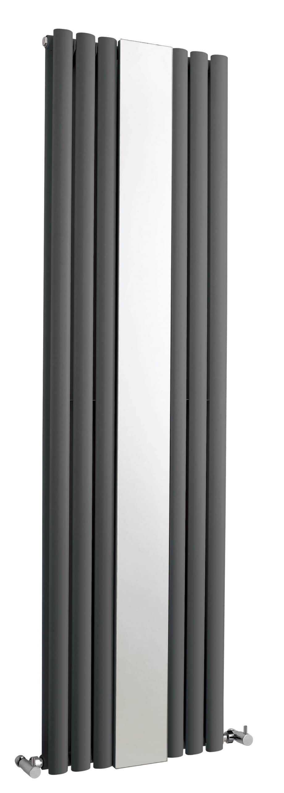 Radiator with vertical black and silver design, modern central heating radiator for stylish bathrooms.