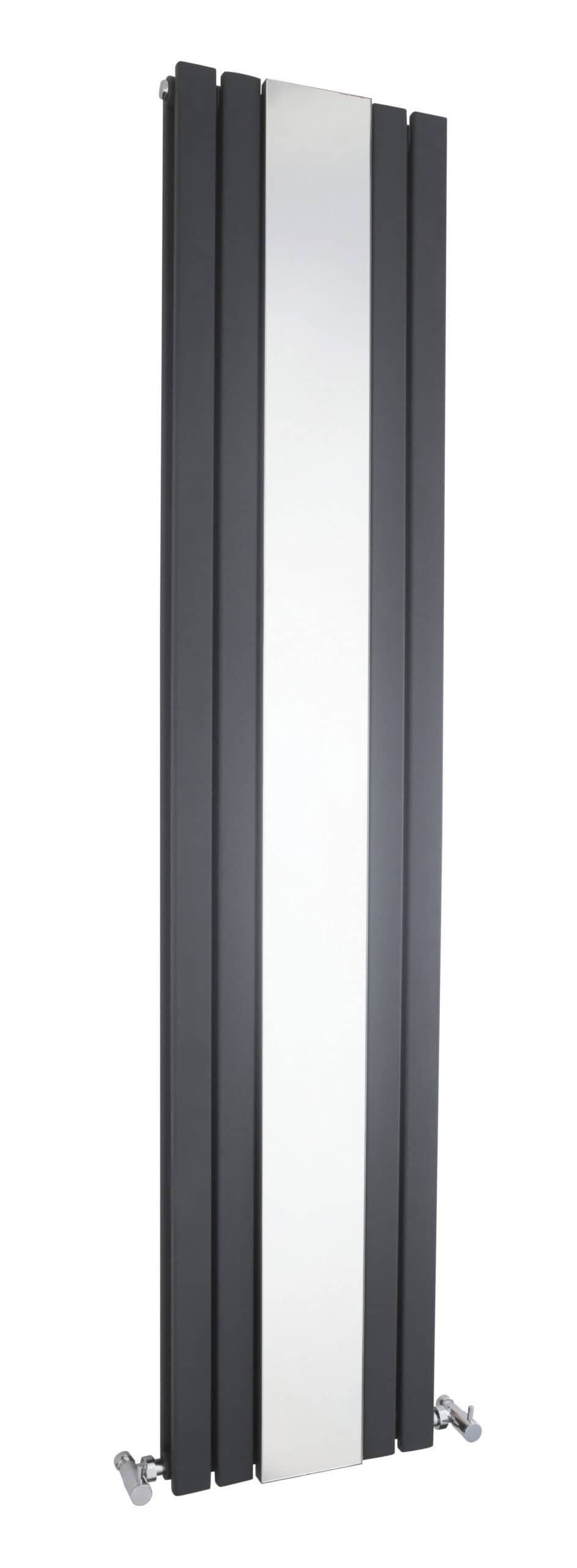 Vertical modern radiator with black and chrome finish, ideal for contemporary bathroom heating solutions. Sleek design complements bathroom decor, providing efficient warmth.