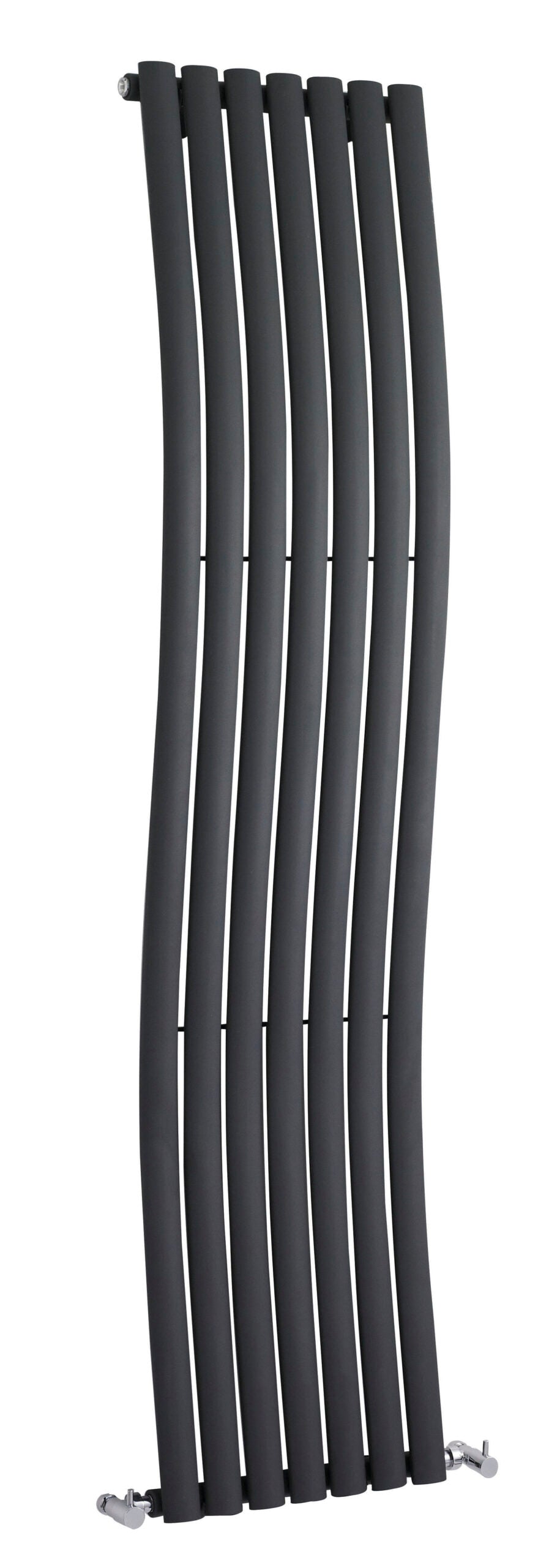 Black modern bathroom radiator for heating and towel drying, designed with sleek curved pipes, suitable for contemporary bathroom decor and efficient heat distribution.