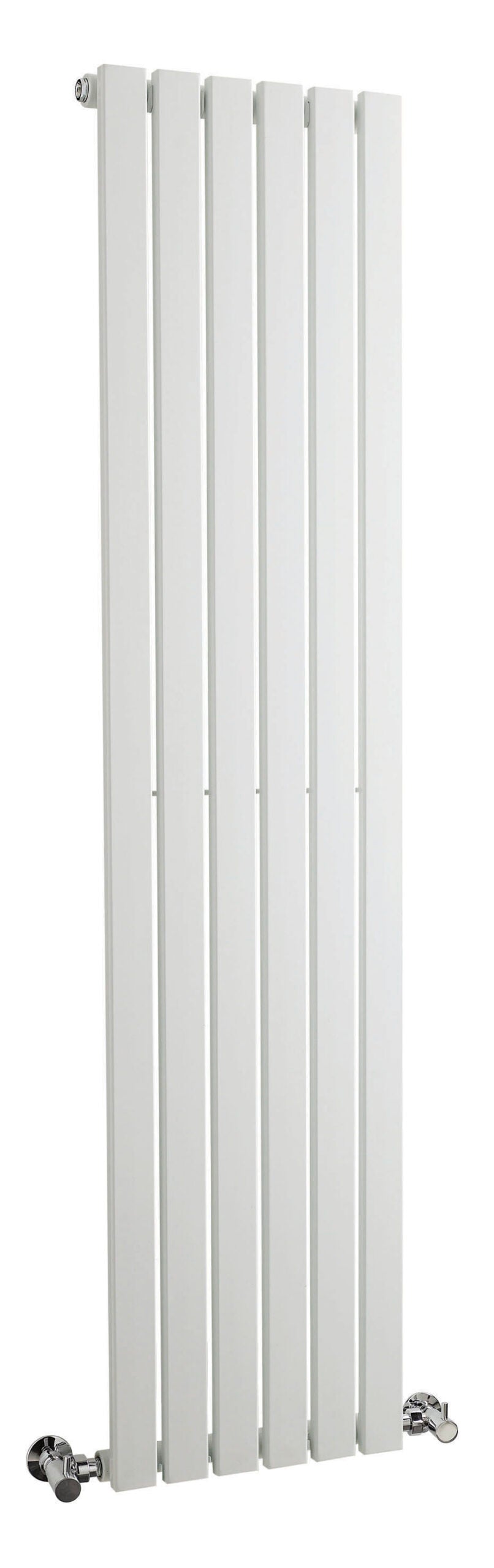 Vertical white radiator with modern design, ideal for contemporary bathrooms and heating spaces, featuring sleek panels and chrome fixtures. Perfect for stylishly warming up any bathroom or home.